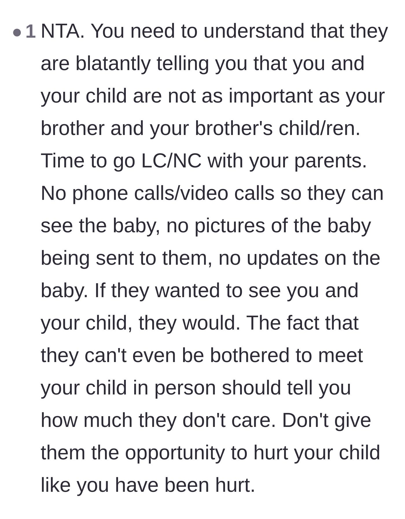 Comment thread 5 - Suggestions to implement strict no-contact rules, including withholding baby photos and updates.