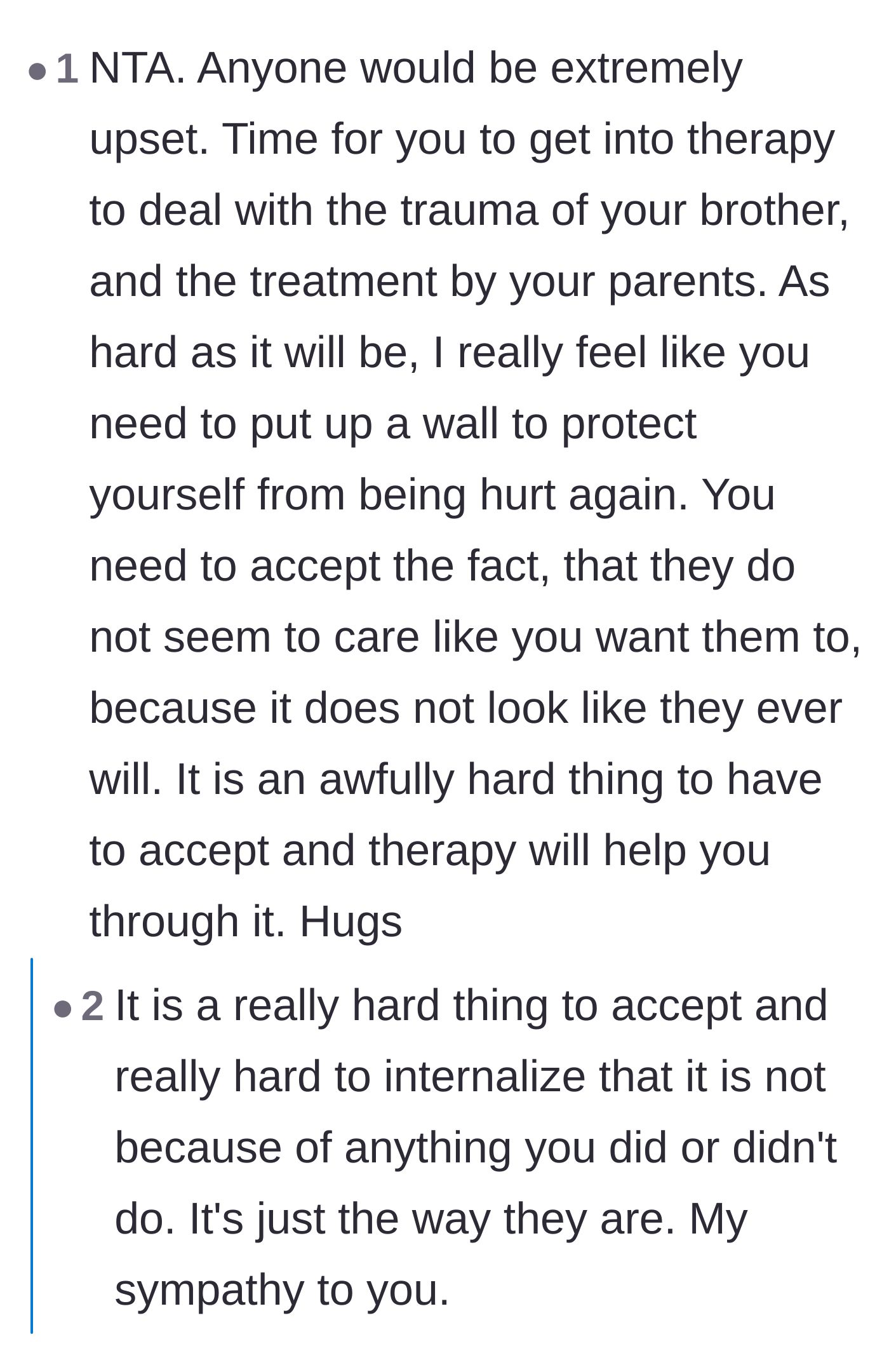 Comment thread 6 - Deep dive into the potential generational trauma causing the parents' appeasement behavior, with a push for therapy before the toddler years.