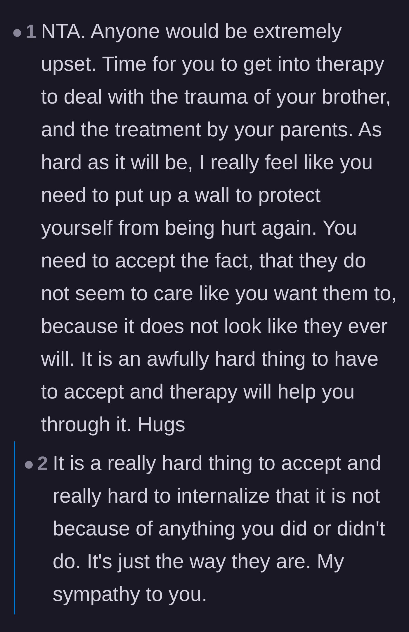 Comment thread 6 - Deep dive into the potential generational trauma causing the parents' appeasement behavior, with a push for therapy before the toddler years.