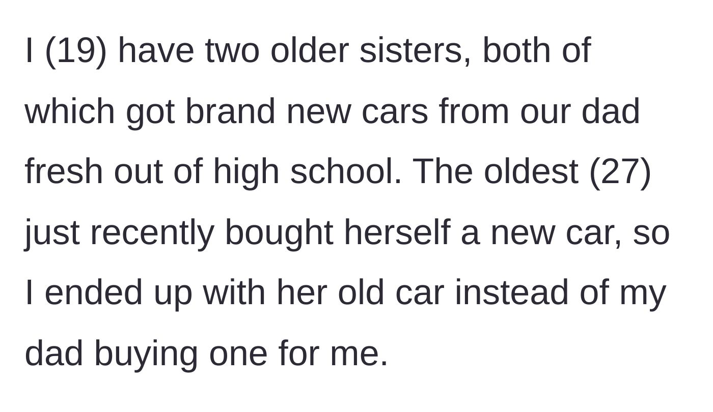 Story part 1 - 19-year-old explains getting a high-mileage hand-me-down car while their two older sisters were gifted brand new cars straight out of high school.