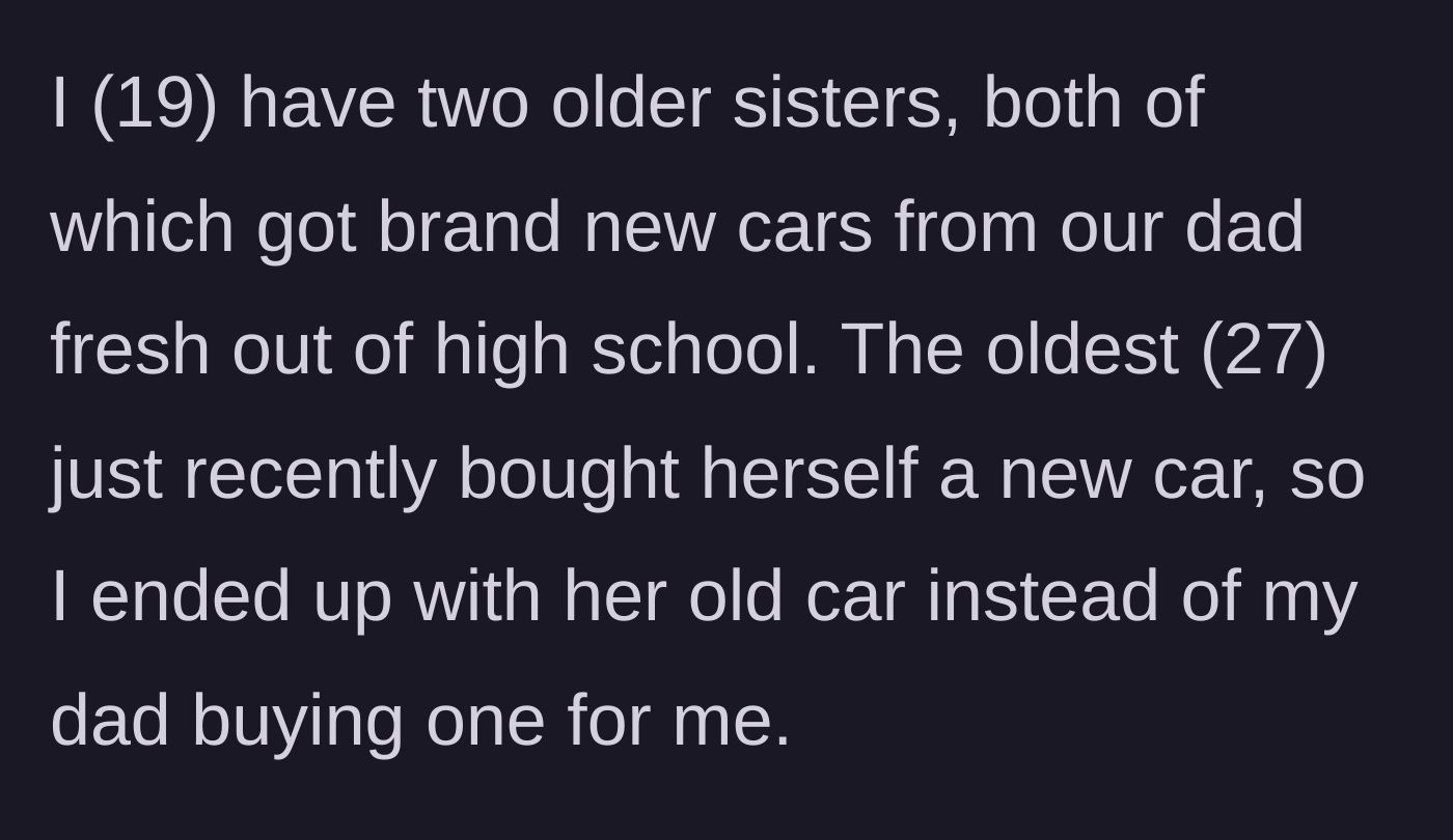 Story part 1 - 19-year-old explains getting a high-mileage hand-me-down car while their two older sisters were gifted brand new cars straight out of high school.