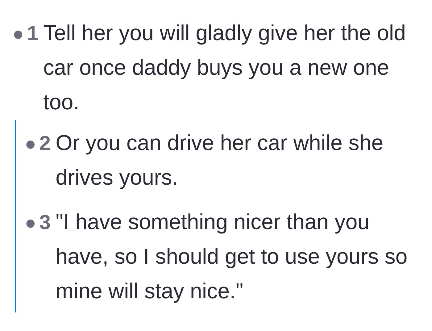Commenters discuss the hypocrisy of the sister's request and suggest the 19-year-old ask to borrow the new car in return.
