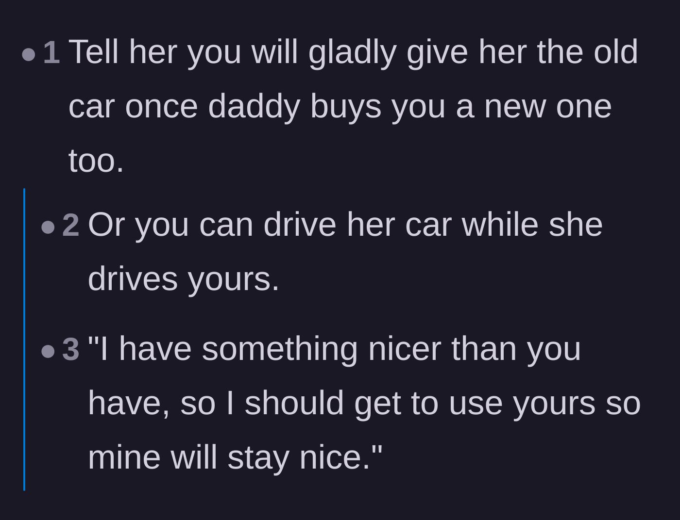 Commenters discuss the hypocrisy of the sister's request and suggest the 19-year-old ask to borrow the new car in return.