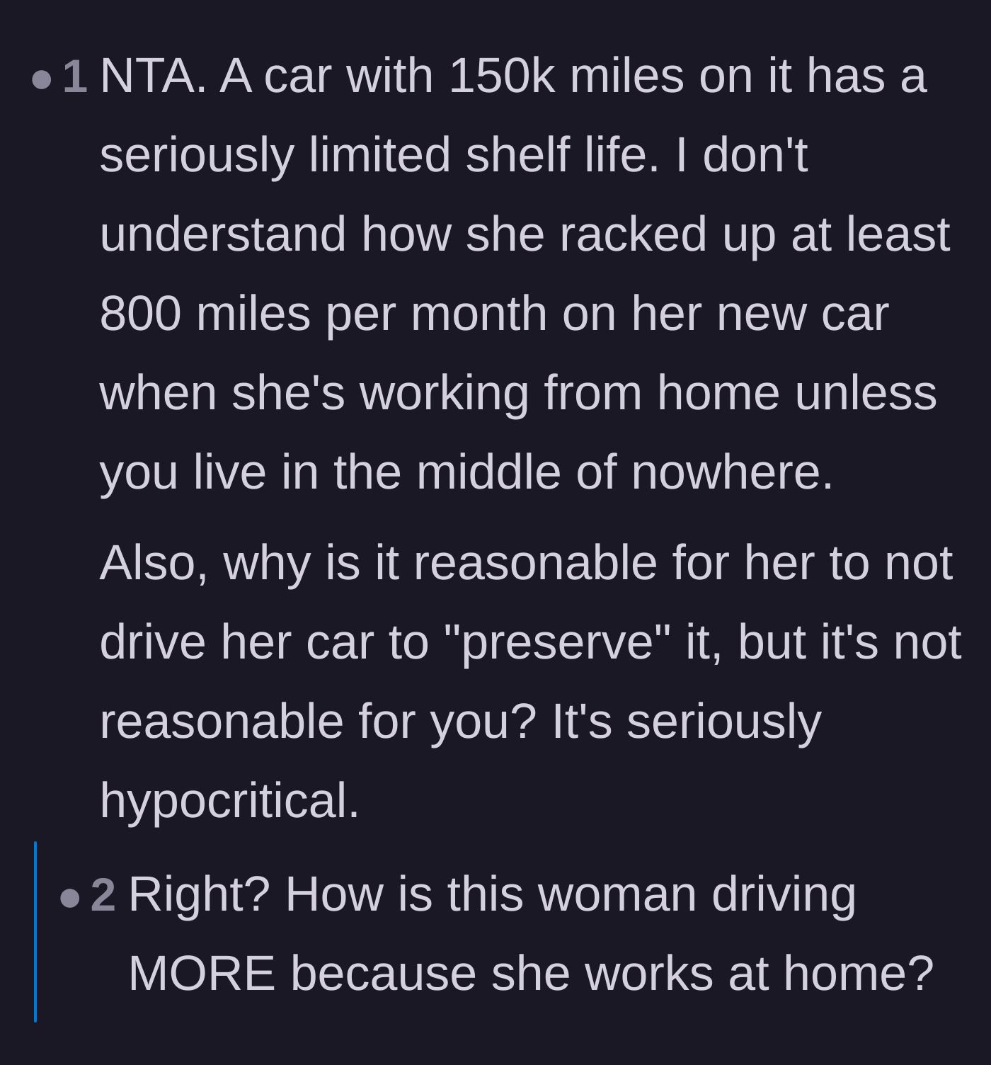 Readers question how a work-from-home employee drives so much and criticize her for trying to pawn her wear and tear onto her sibling.