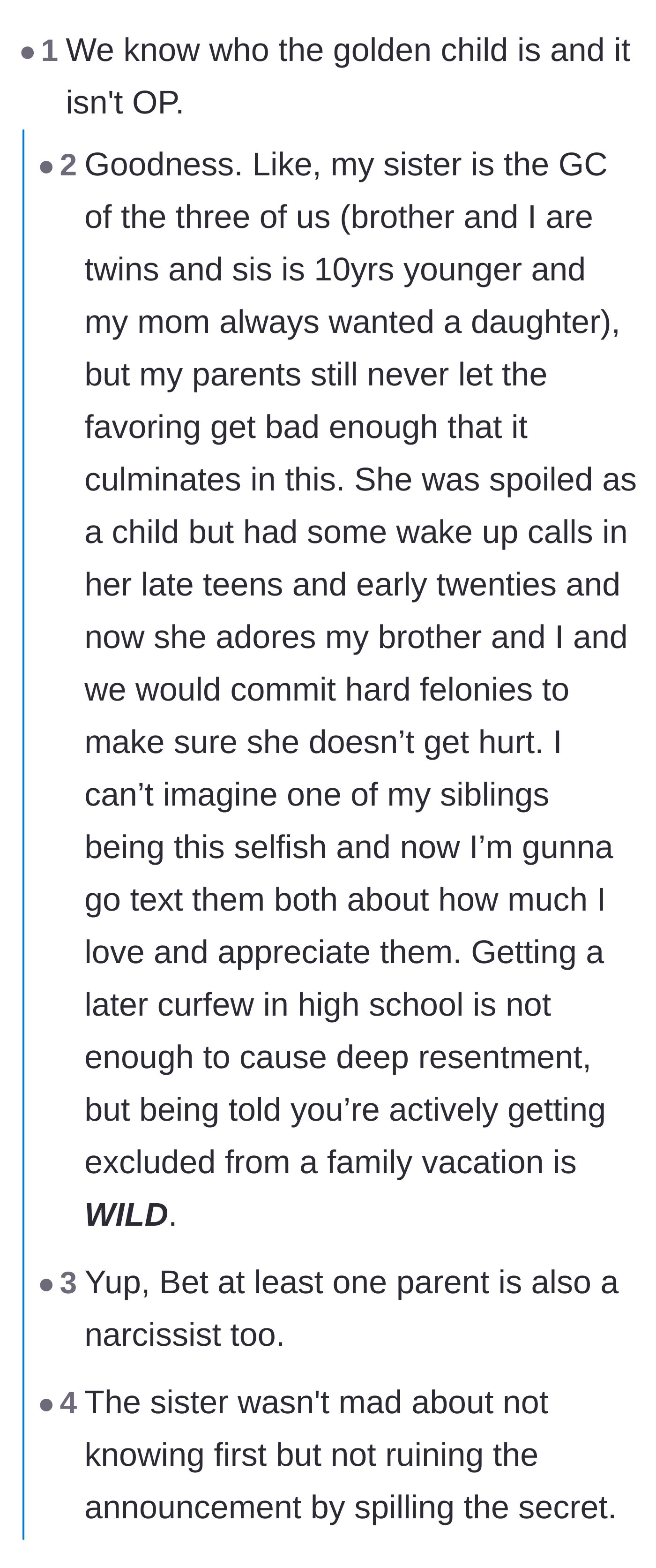 Comment thread 2 - Commenters discuss the painful golden child dynamic and point out the sister was just mad she couldn't leak the news first.
