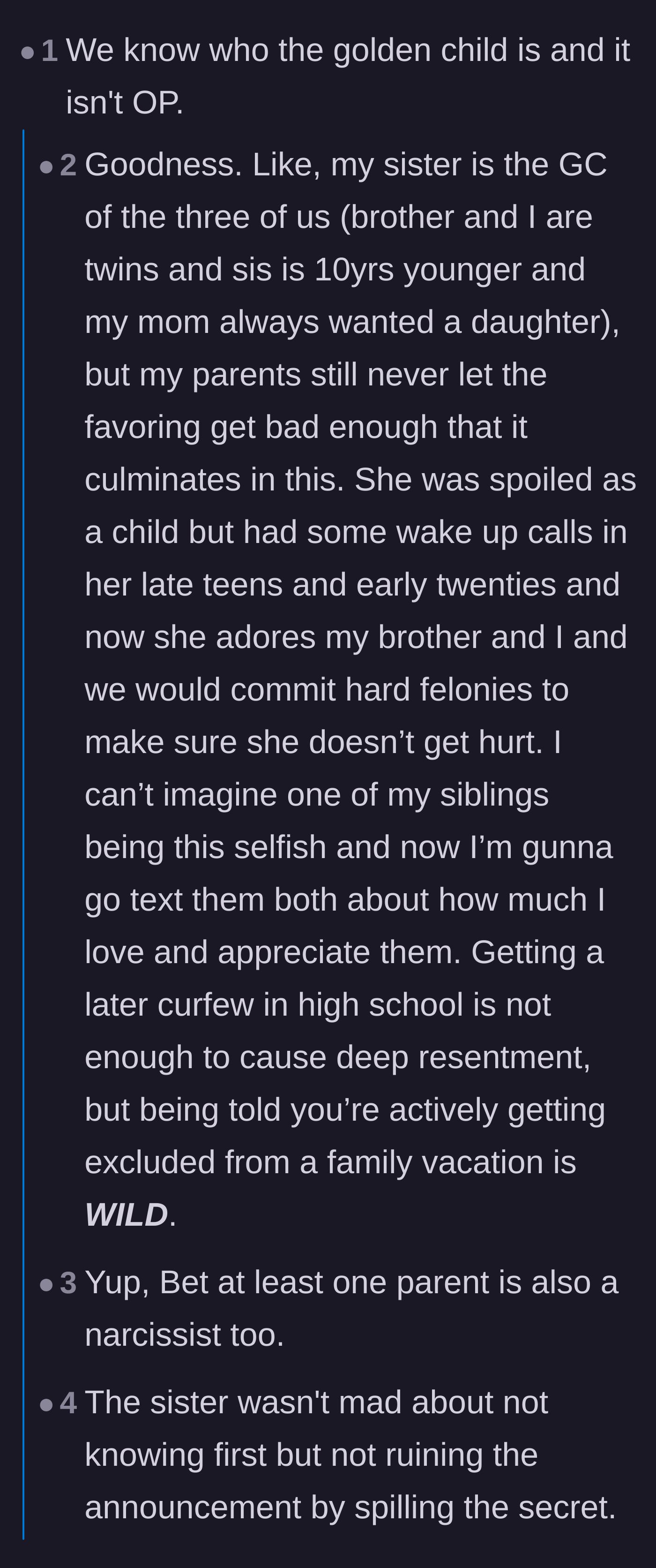Comment thread 2 - Commenters discuss the painful golden child dynamic and point out the sister was just mad she couldn't leak the news first.