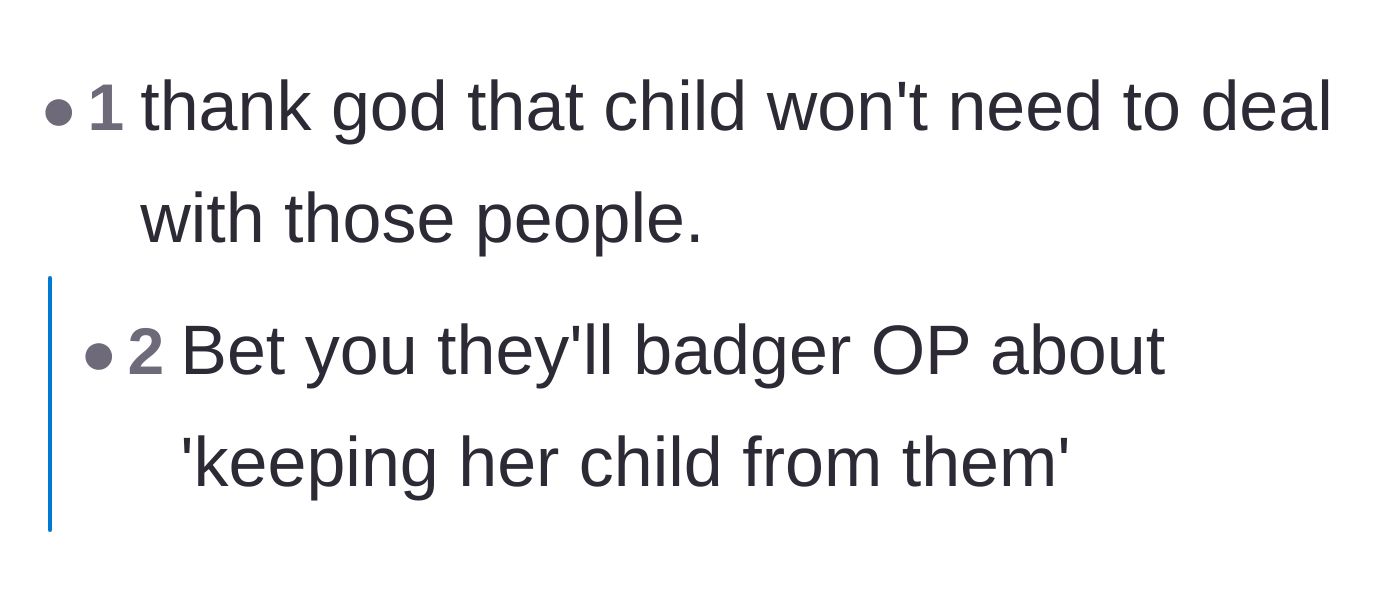 Comment thread 4 - A discussion about how the new baby is lucky to be shielded from the family, though they will likely complain about being kept away later.
