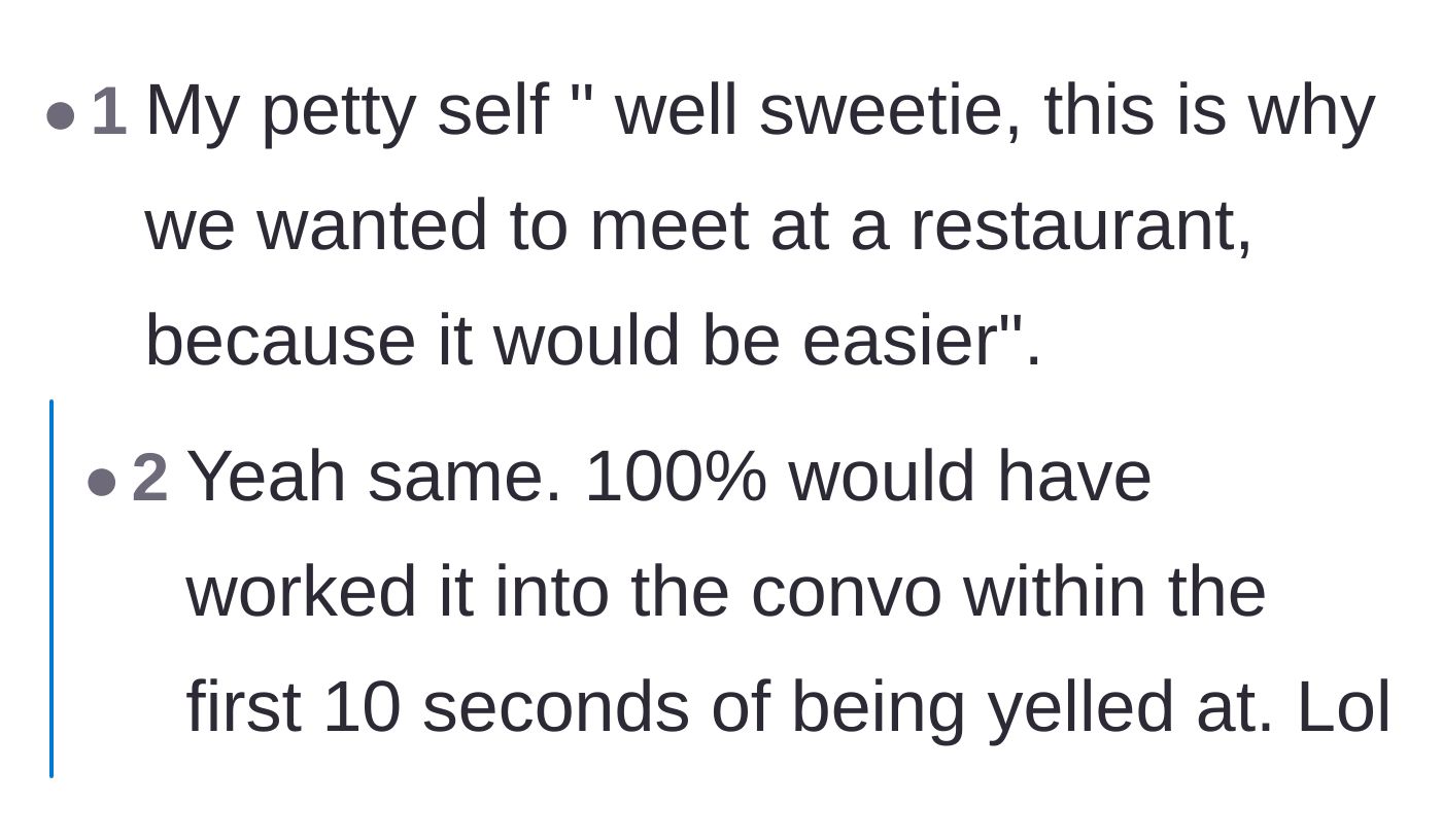Comment thread 4 - A commenter shares a perfectly petty comeback about reminding the sister why they originally suggested a restaurant.