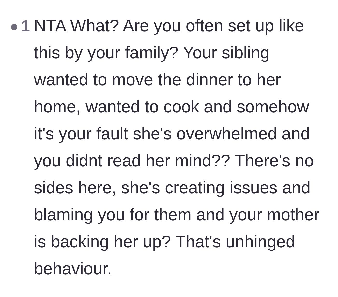 Comment thread 6 - Absolute disbelief over the family's unhinged dynamic and validation that the author was completely set up to fail.