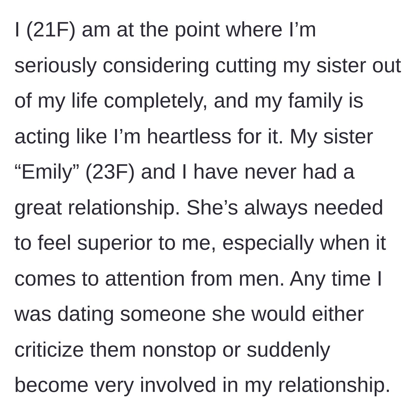 Story part 1 - A brief explanation of the lifelong, toxic competition the older sister forced upon the younger sister.