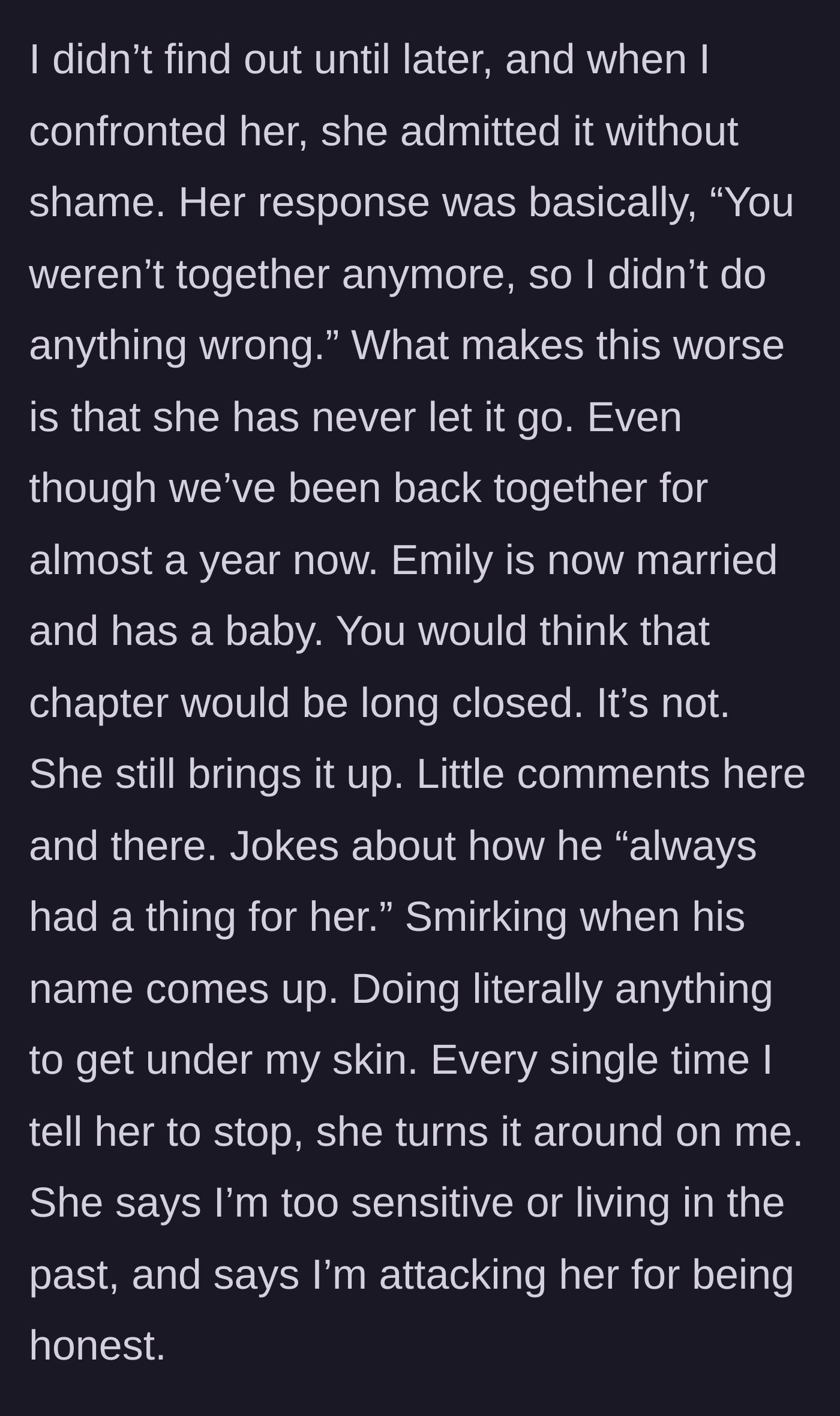 Story part 3 - The older sister shows zero remorse when confronted and continues to make cruel, taunting jokes about the ex years later.