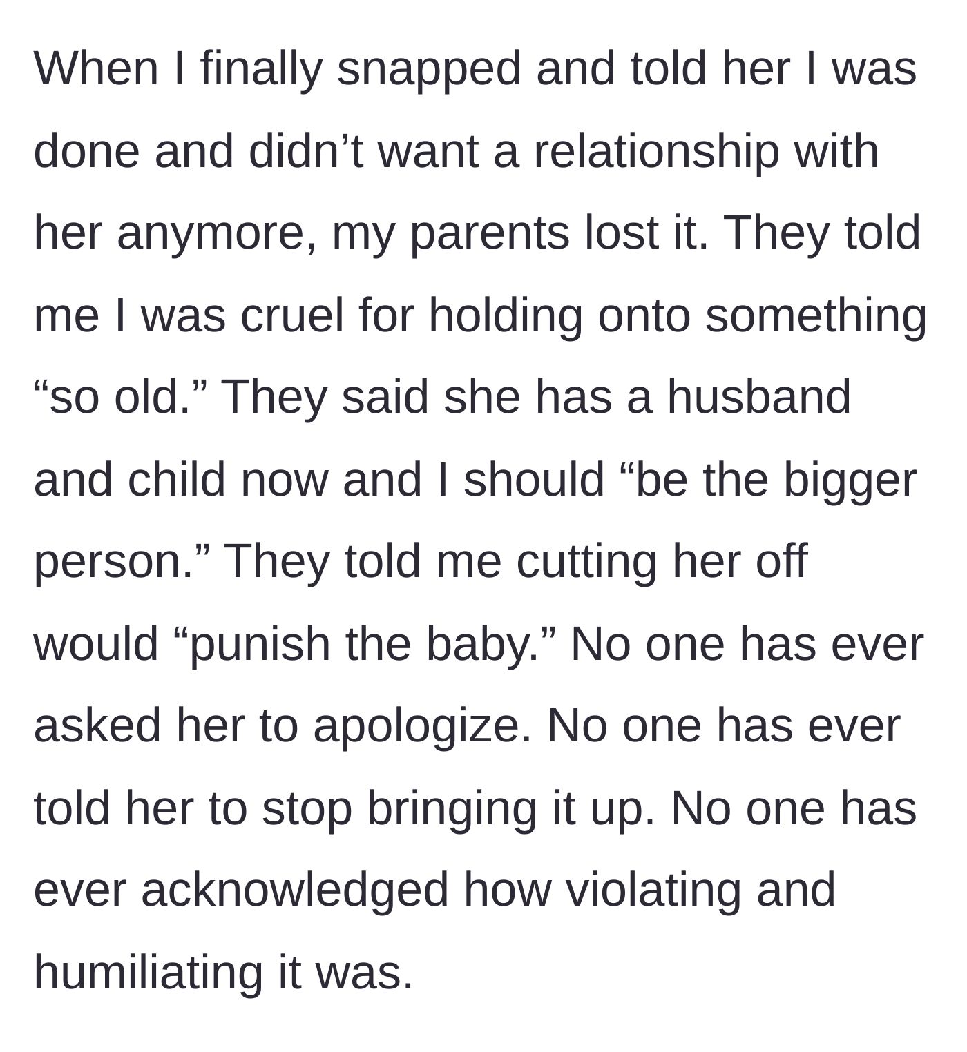 Story part 5 - The younger sister finally sets a boundary and cuts contact, causing the parents to erupt in anger and demand she keep the peace.