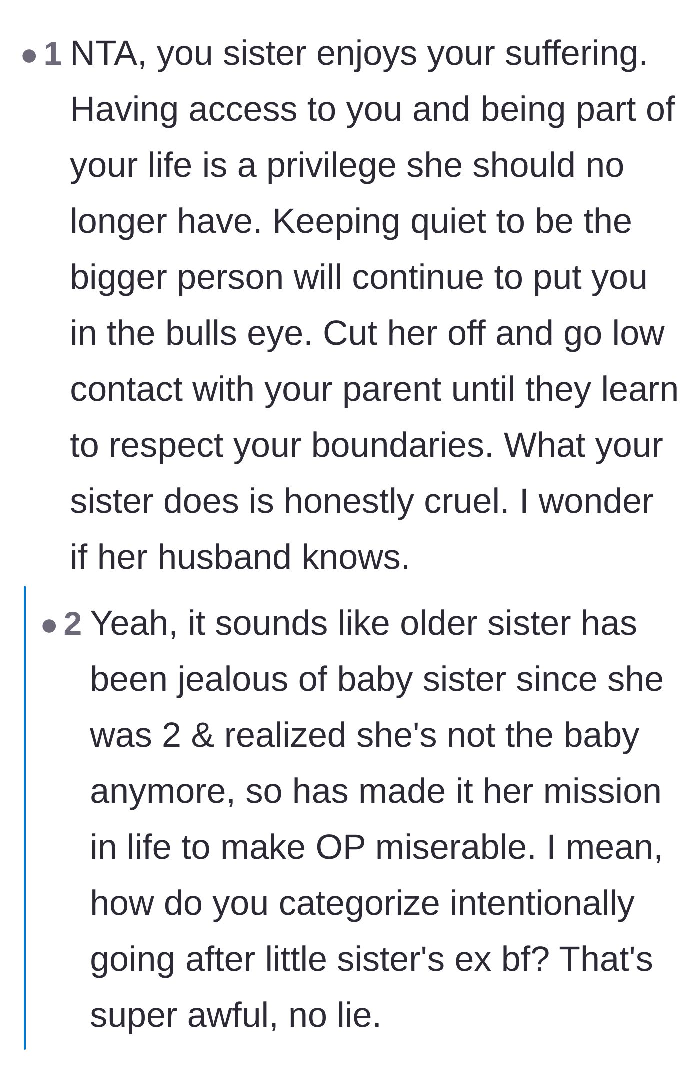 Comment thread 2 - Commenters discussing how the older sister enjoys causing pain and suggesting going low contact with the enabling parents.