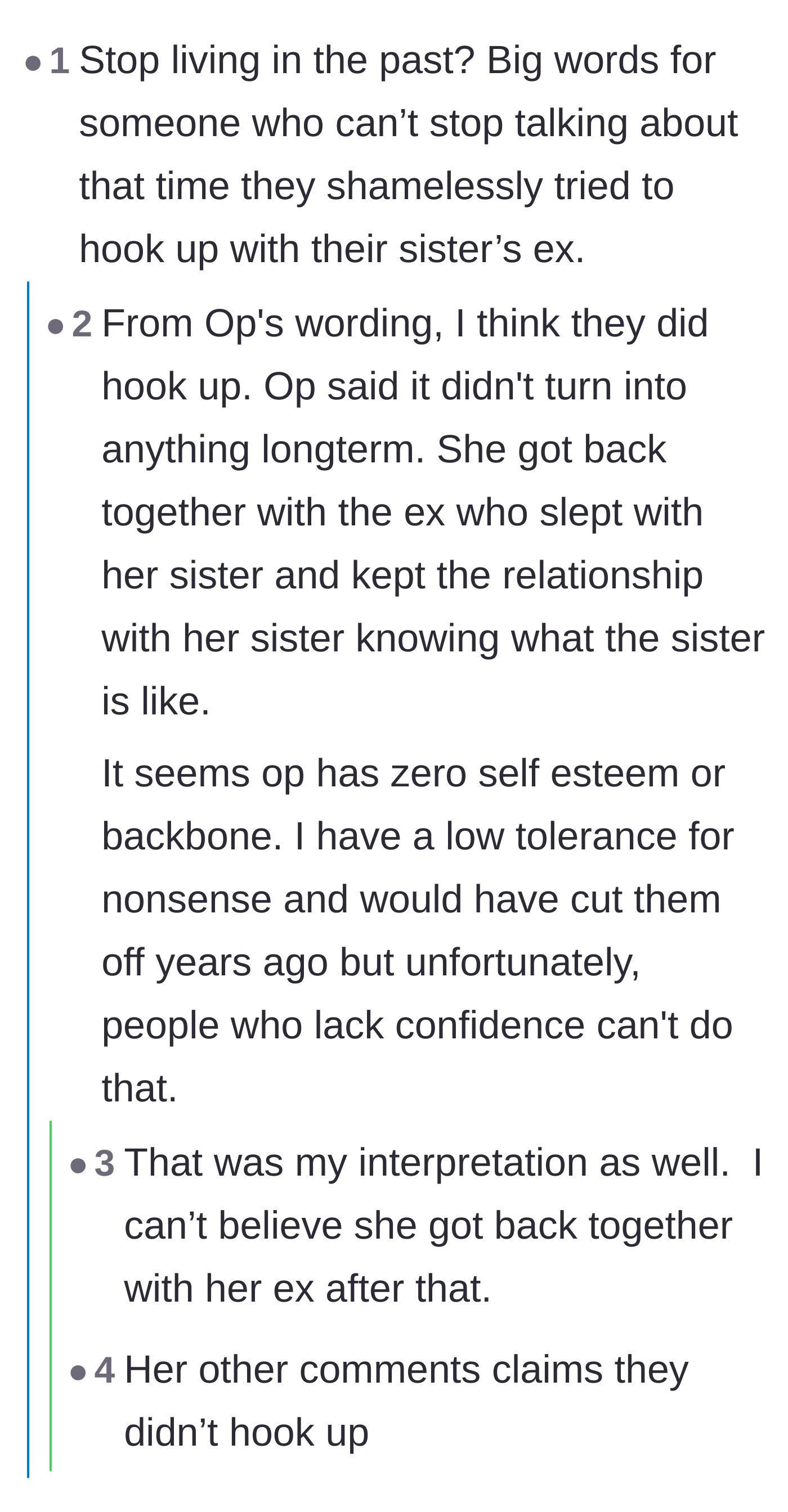 Comment thread 3 - A thread calling out the older sister's hypocrisy for telling the younger sister to stop living in the past.
