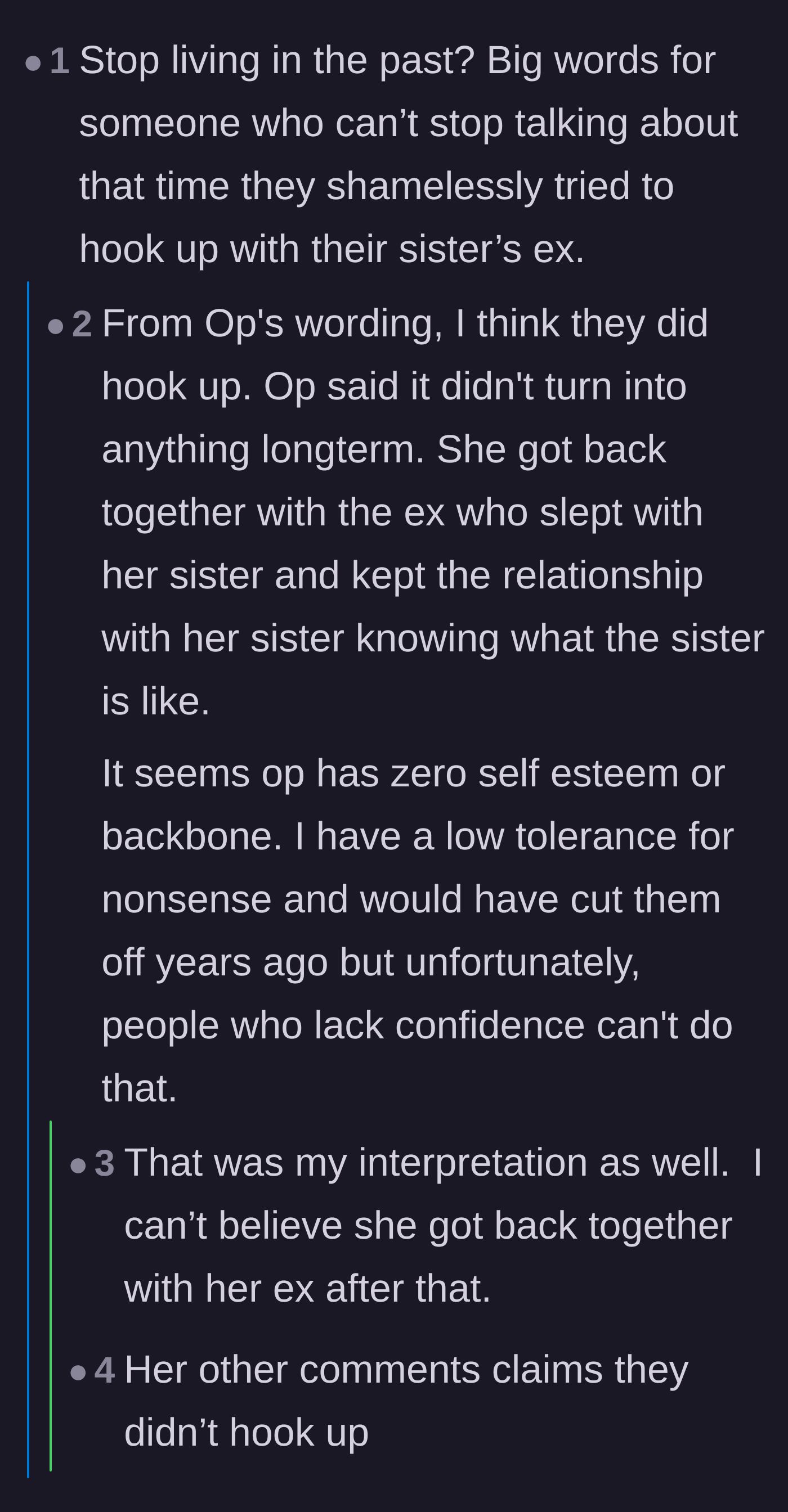 Comment thread 3 - A thread calling out the older sister's hypocrisy for telling the younger sister to stop living in the past.