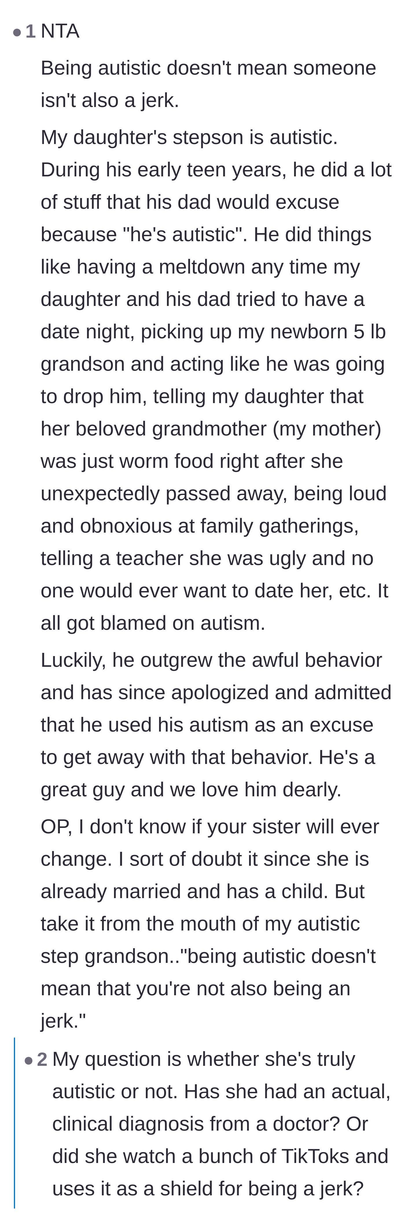 Comment thread 6 - A discussion about how neurodivergence is not an excuse for calculated cruelty and manipulation.