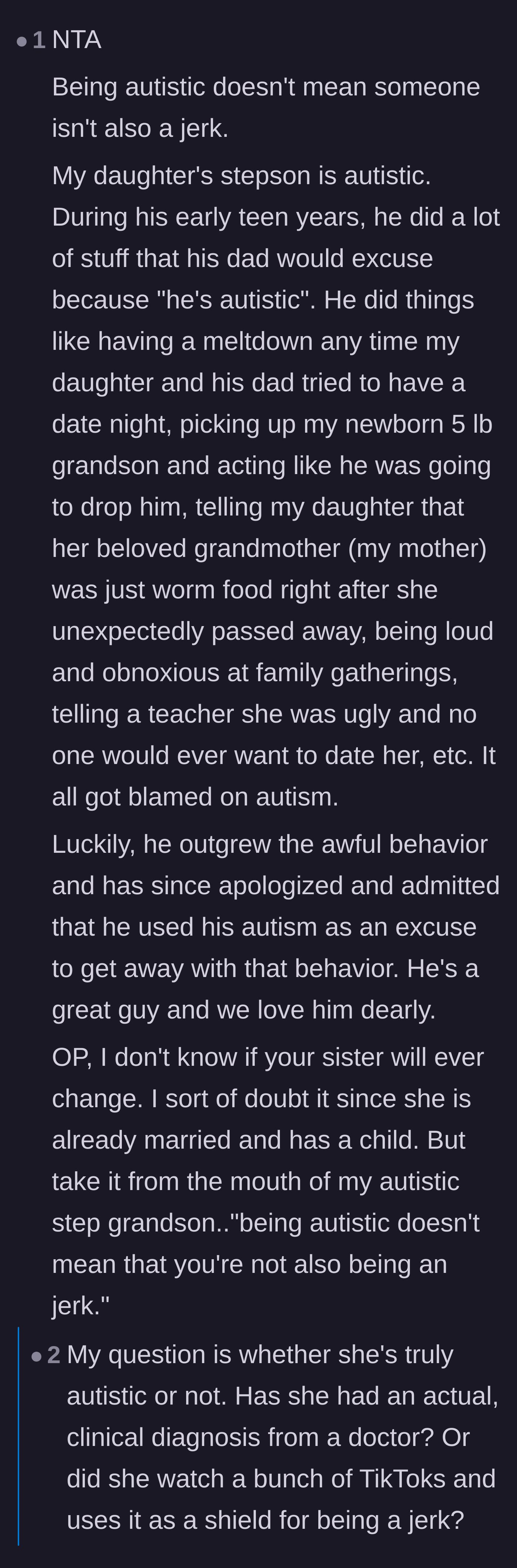 Comment thread 6 - A discussion about how neurodivergence is not an excuse for calculated cruelty and manipulation.