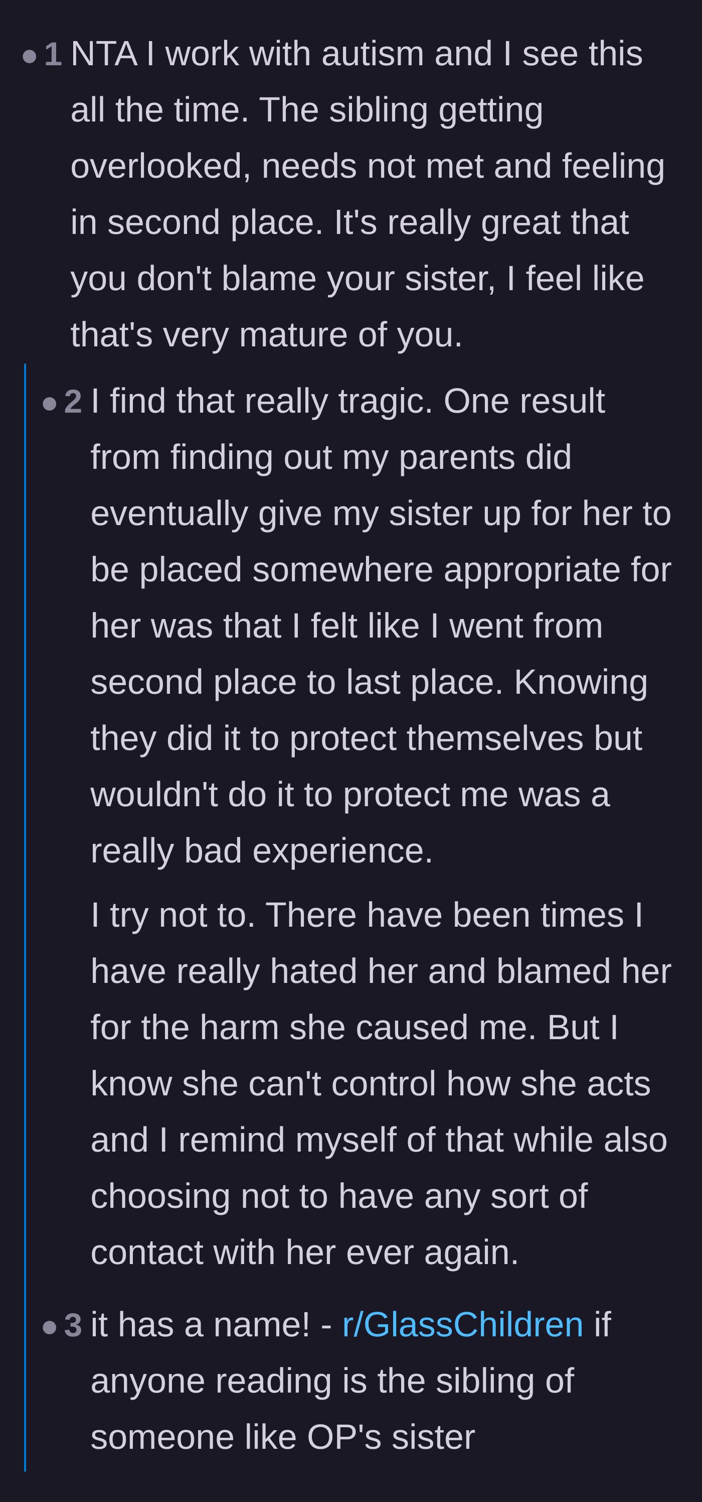 Comment thread 1 - A discussion about the 'glass child' dynamic and the heartbreaking realization that the parents only acted to save themselves.