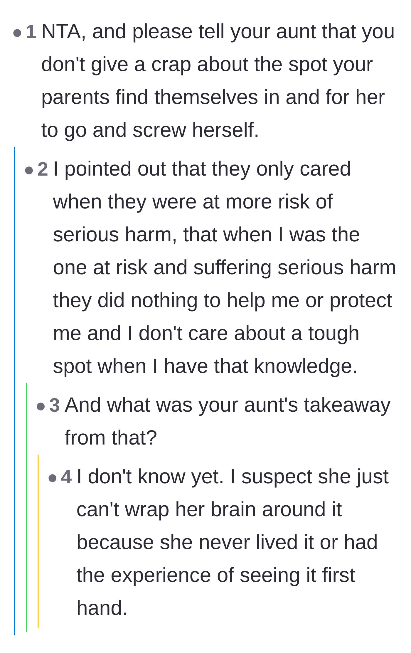 Comment thread 2 - Advice urging the author to dismiss the aunt's excuses about the parents being in a 'tough spot.'