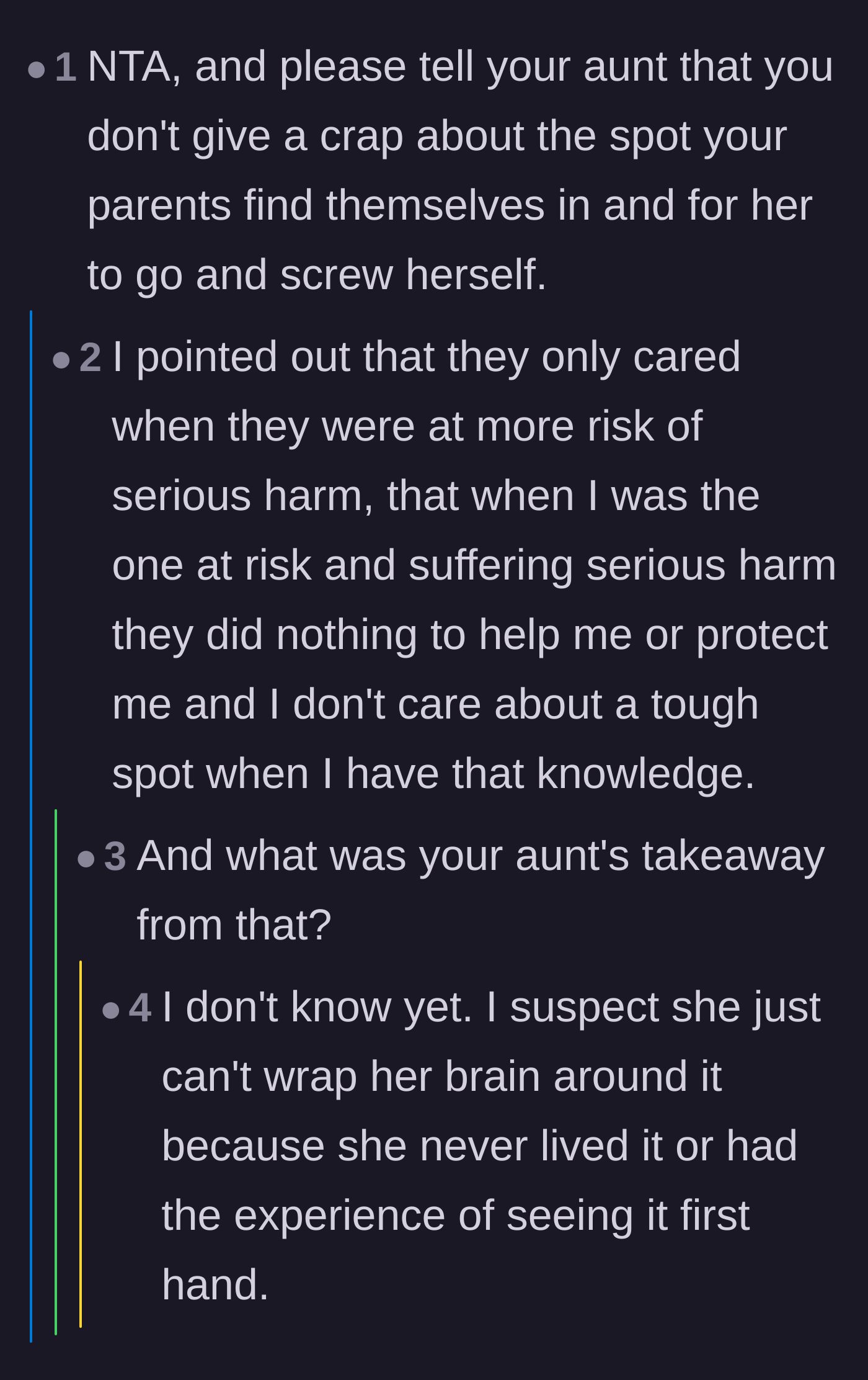Comment thread 2 - Advice urging the author to dismiss the aunt's excuses about the parents being in a 'tough spot.'