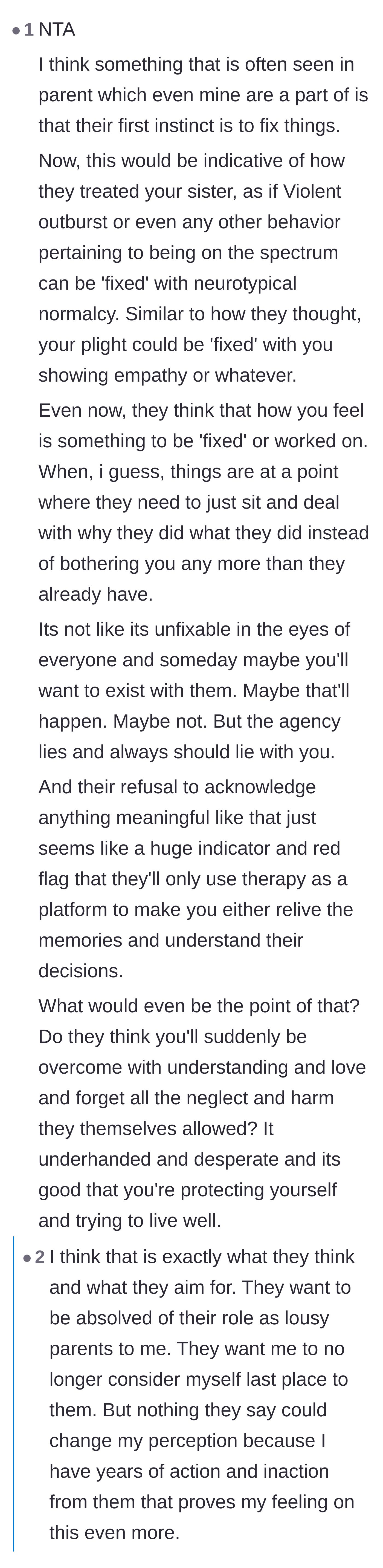 Comment thread 3 - Analysis of how the parents are likely trying to use therapy just to absolve themselves of guilt.