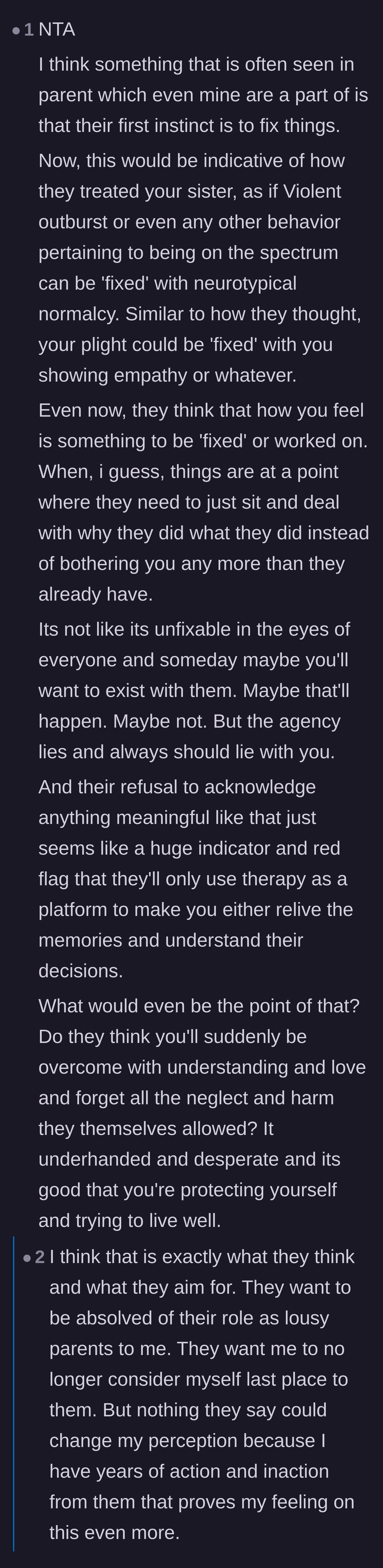 Comment thread 3 - Analysis of how the parents are likely trying to use therapy just to absolve themselves of guilt.