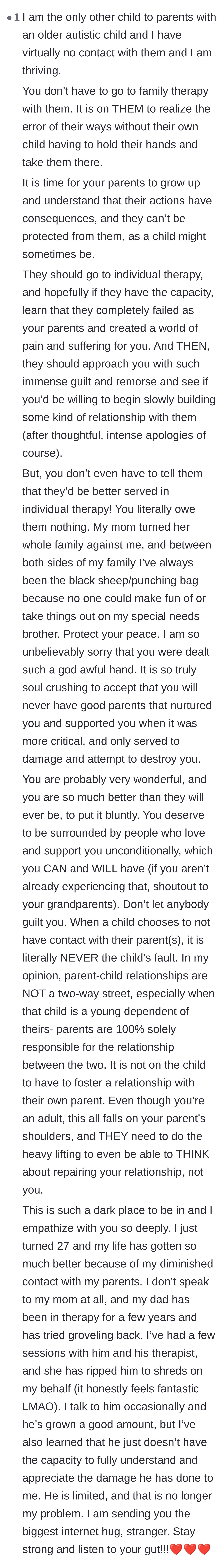 Comment thread 4 - A touching message from a fellow estranged sibling sharing their own healing journey and validating the author's choice.