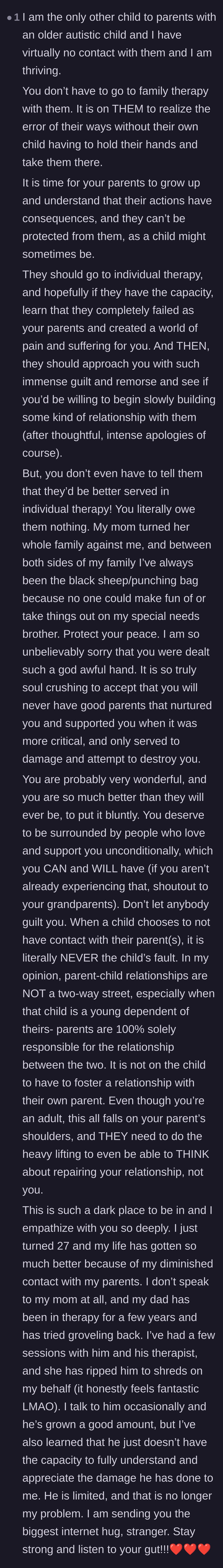Comment thread 4 - A touching message from a fellow estranged sibling sharing their own healing journey and validating the author's choice.