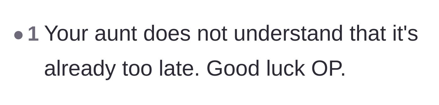Comment thread 6 - Another commenter emphasizing that the aunt fails to realize the damage is permanent.