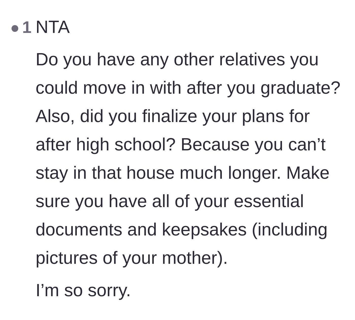 Comment thread 2 - Practical advice urging the son to secure his important documents and photos of his mother before moving out.
