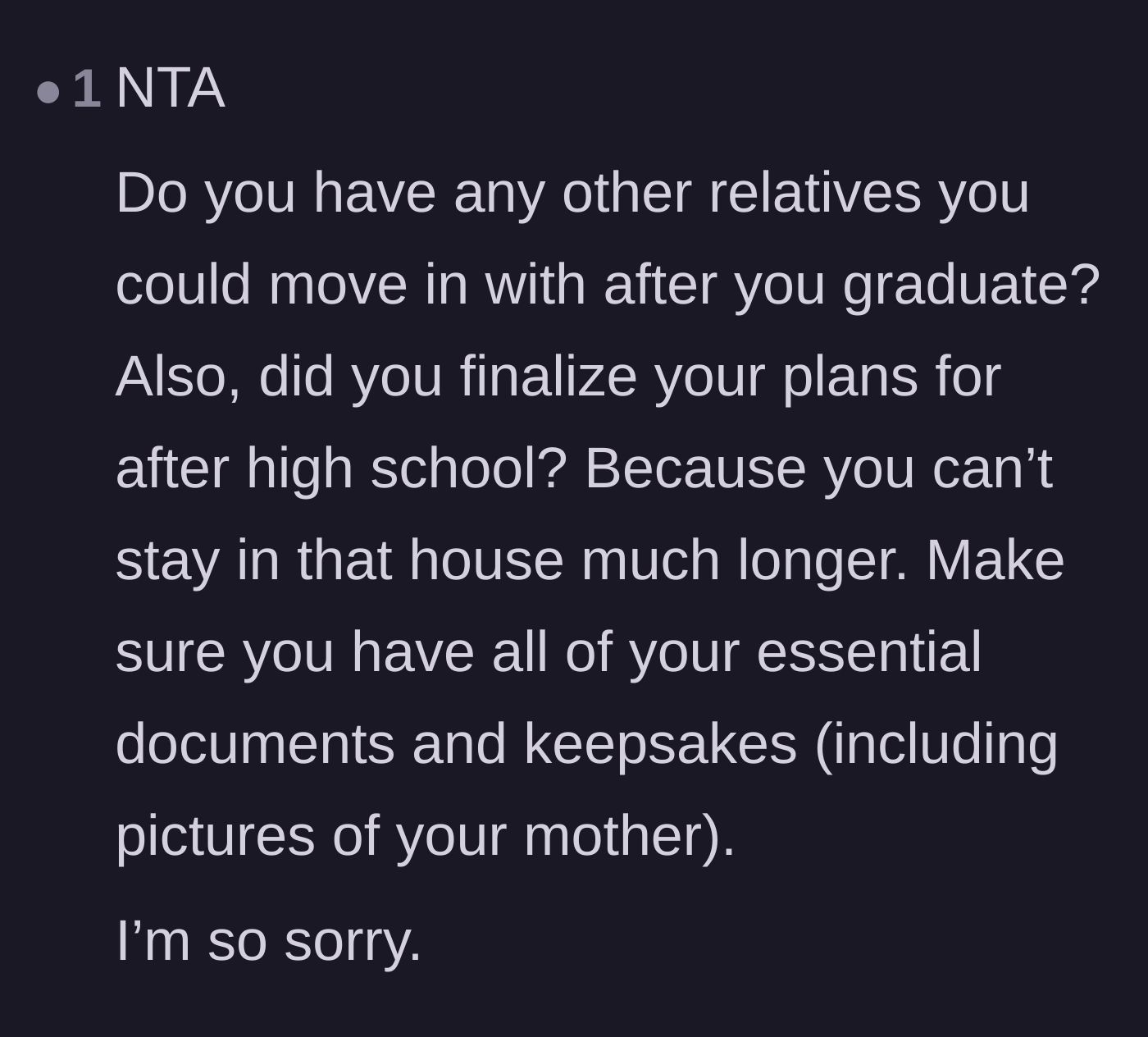 Comment thread 2 - Practical advice urging the son to secure his important documents and photos of his mother before moving out.
