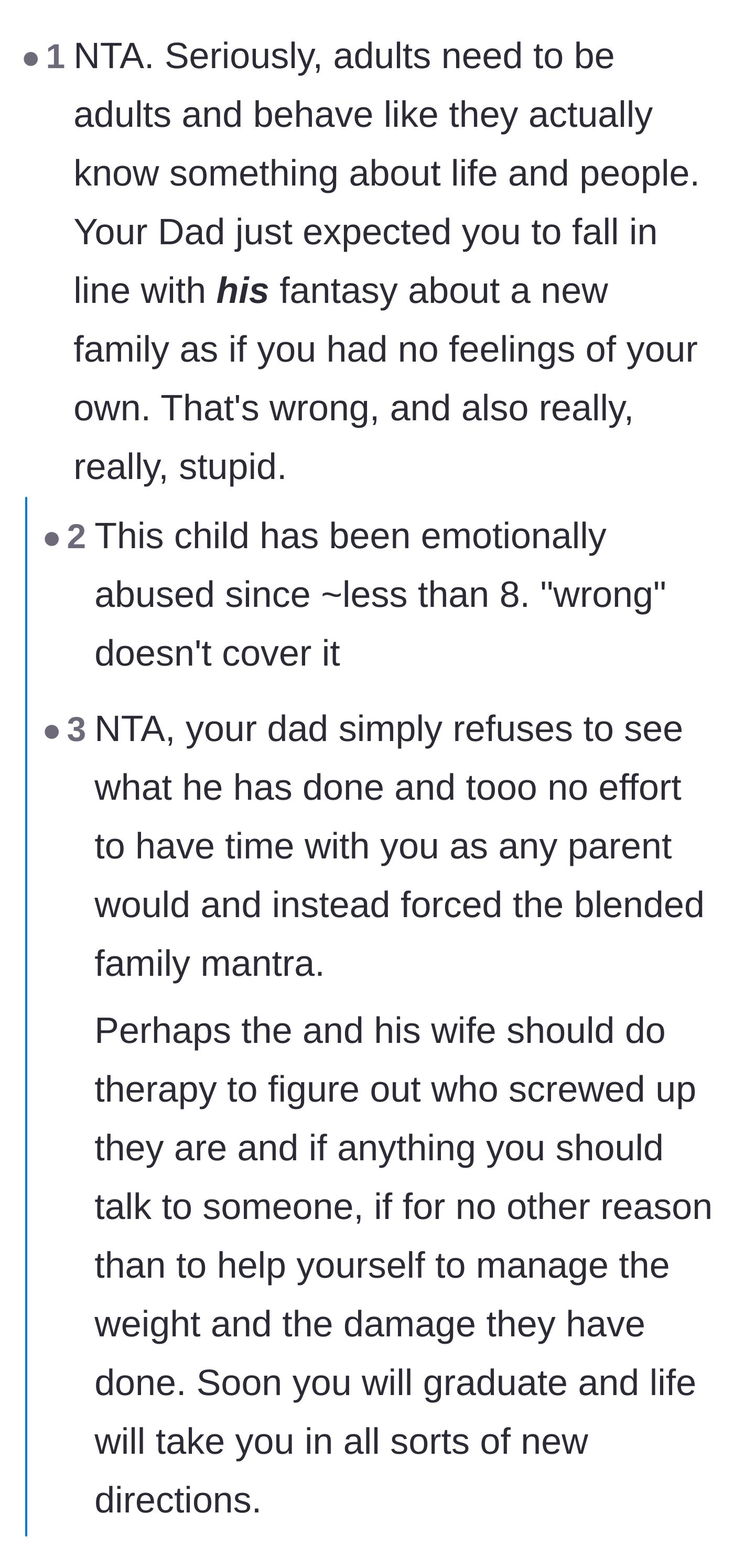 Comment thread 3 - A discussion calling out the father's fantasy of a perfect blended family and labeling his actions as emotional abuse.