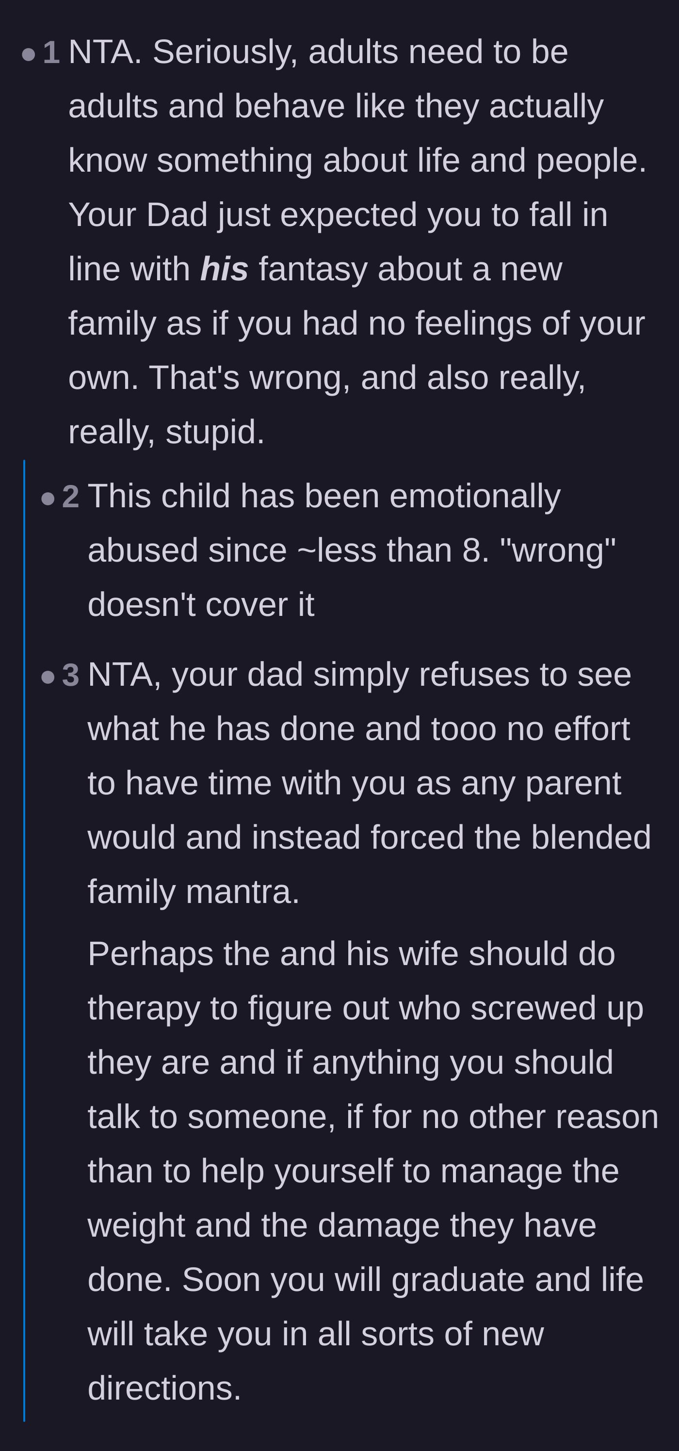 Comment thread 3 - A discussion calling out the father's fantasy of a perfect blended family and labeling his actions as emotional abuse.