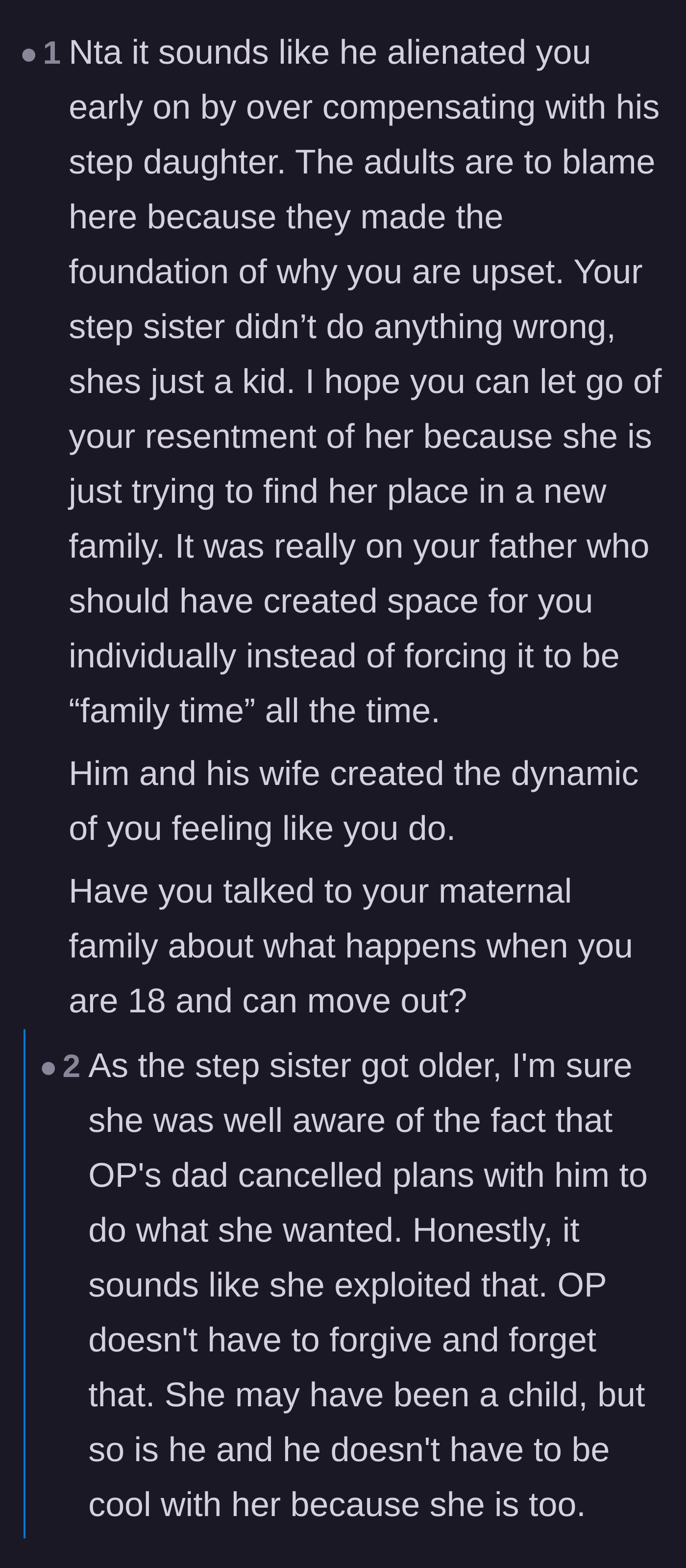 Comment thread 6 - A nuanced debate over whether the stepsister was also a victim of the adults' poor choices or if she weaponized the dynamic.