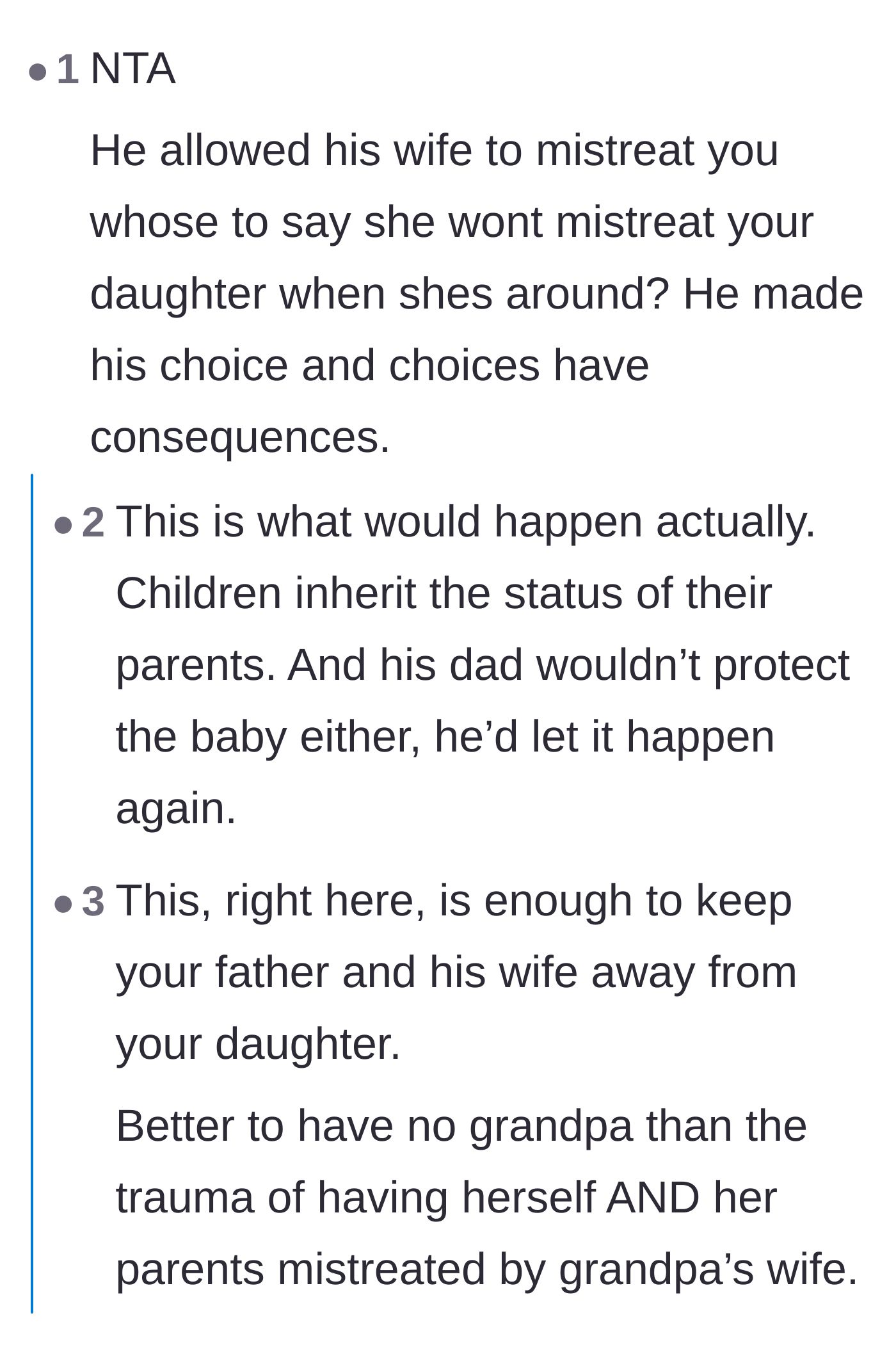 Comment thread 3 - Commenters point out that the enabler grandfather and cruel stepmother would likely subject the new baby to the exact same mistreatment.