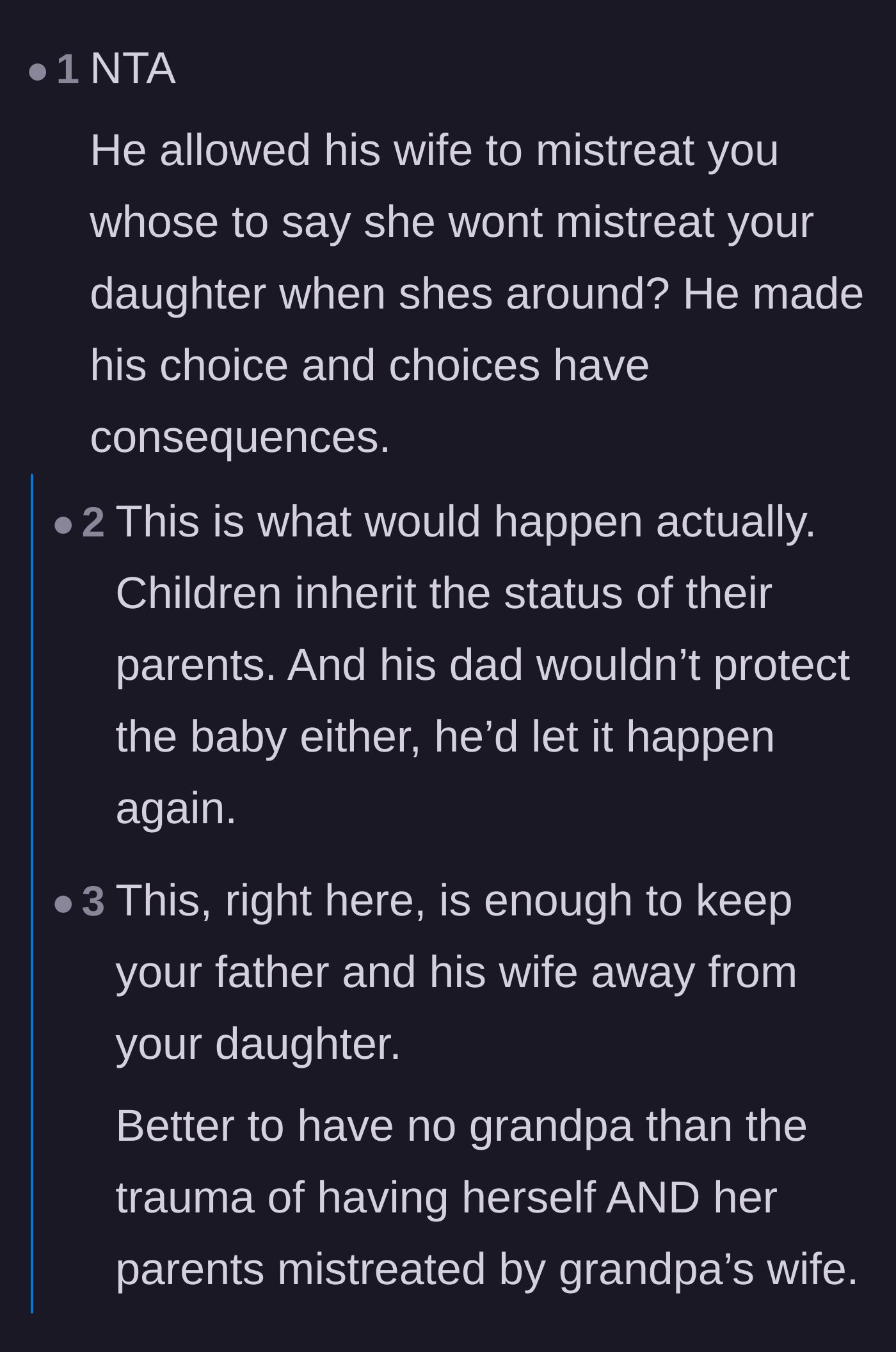 Comment thread 3 - Commenters point out that the enabler grandfather and cruel stepmother would likely subject the new baby to the exact same mistreatment.