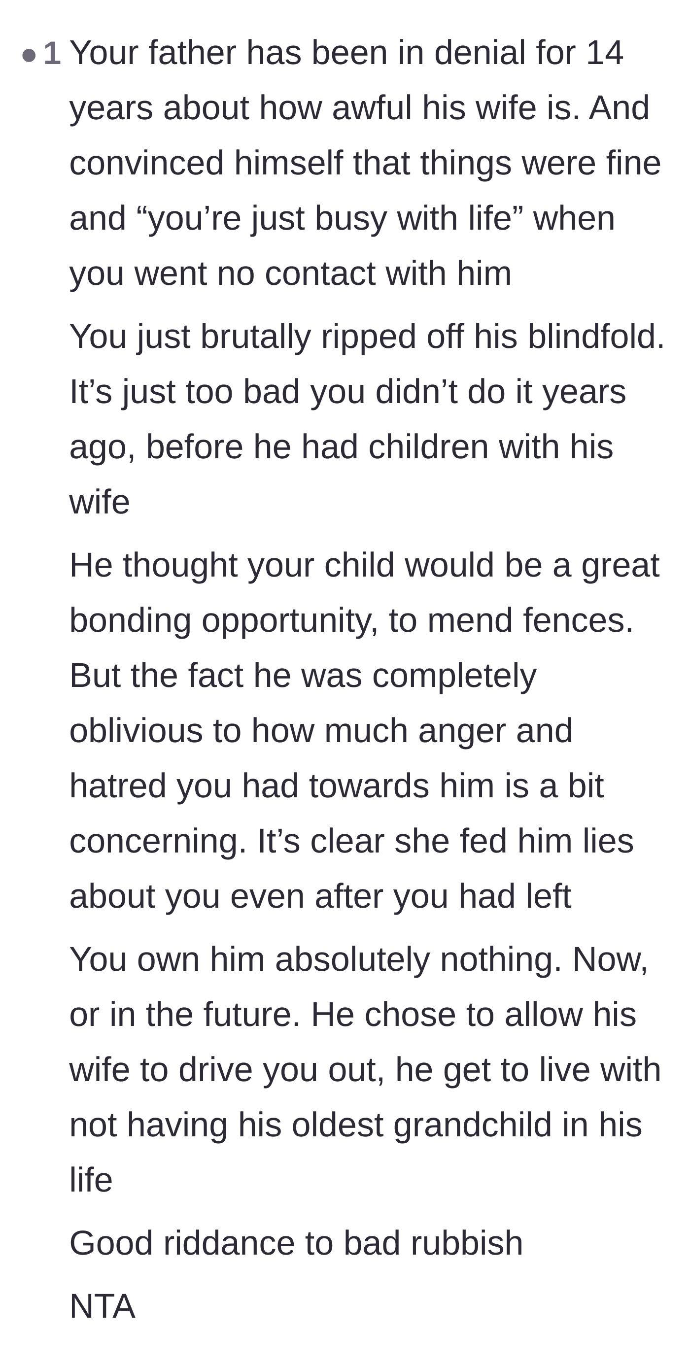 Comment thread 4 - A reader analyzes how the father lived in denial for 14 years before finally having his blindfold brutally ripped off.