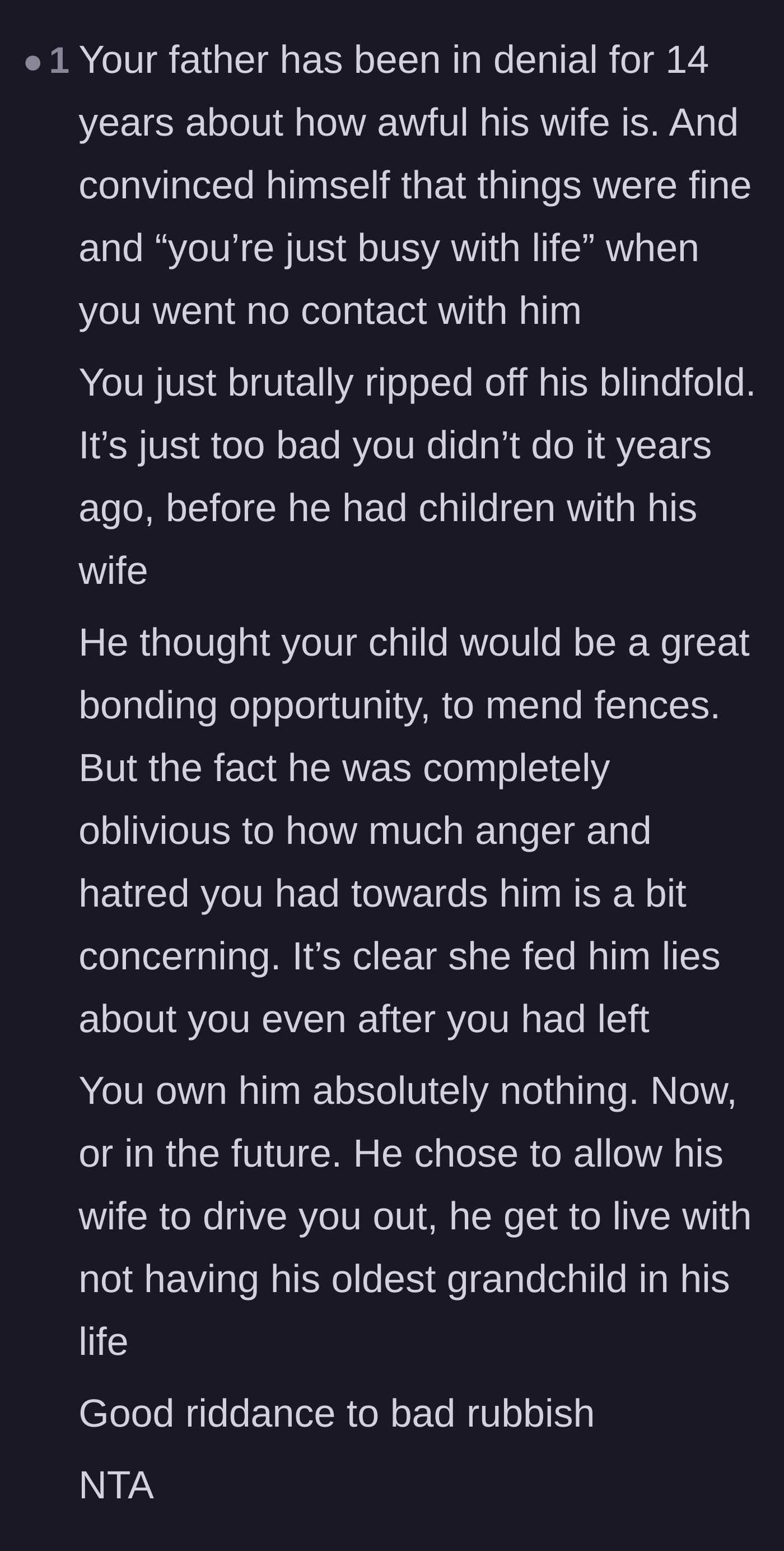 Comment thread 4 - A reader analyzes how the father lived in denial for 14 years before finally having his blindfold brutally ripped off.
