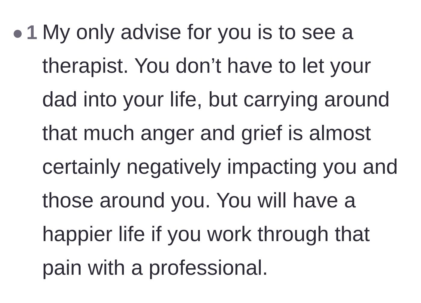 Comment thread 6 - Gentle advice encouraging the new father to seek therapy to help process his immense anger and grief.