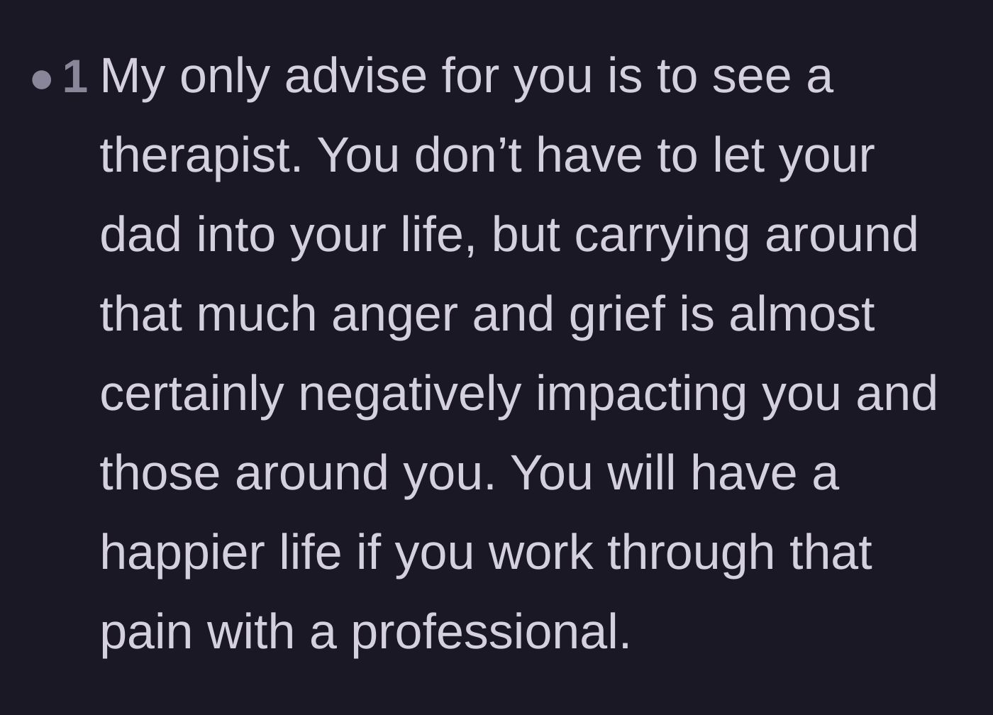Comment thread 6 - Gentle advice encouraging the new father to seek therapy to help process his immense anger and grief.