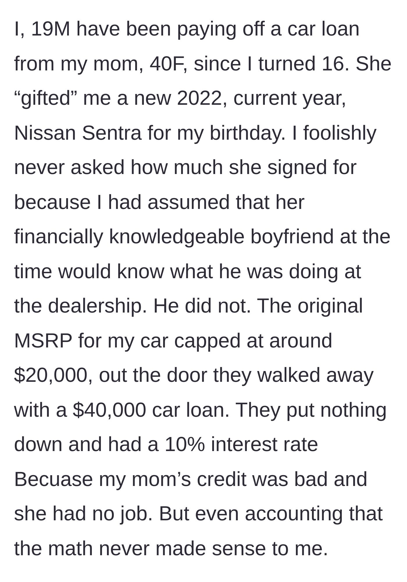 Story part 1 - A mother and her boyfriend purchasing a grossly overpriced car at a dealership.