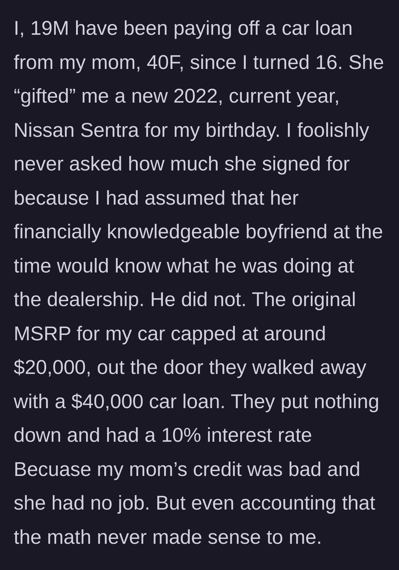 Story part 1 - A mother and her boyfriend purchasing a grossly overpriced car at a dealership.