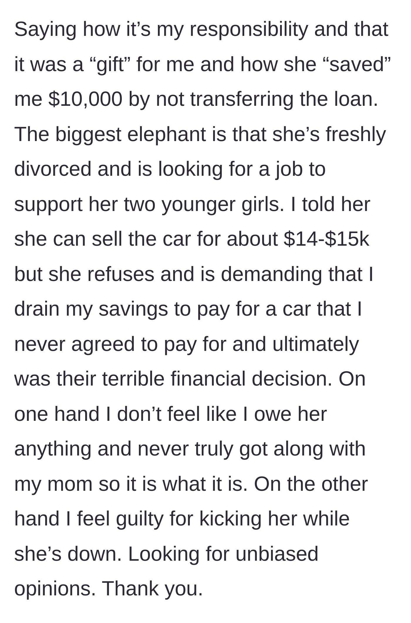 Story part 4 - A mother demanding money from her son to cover a car loan she signed for.