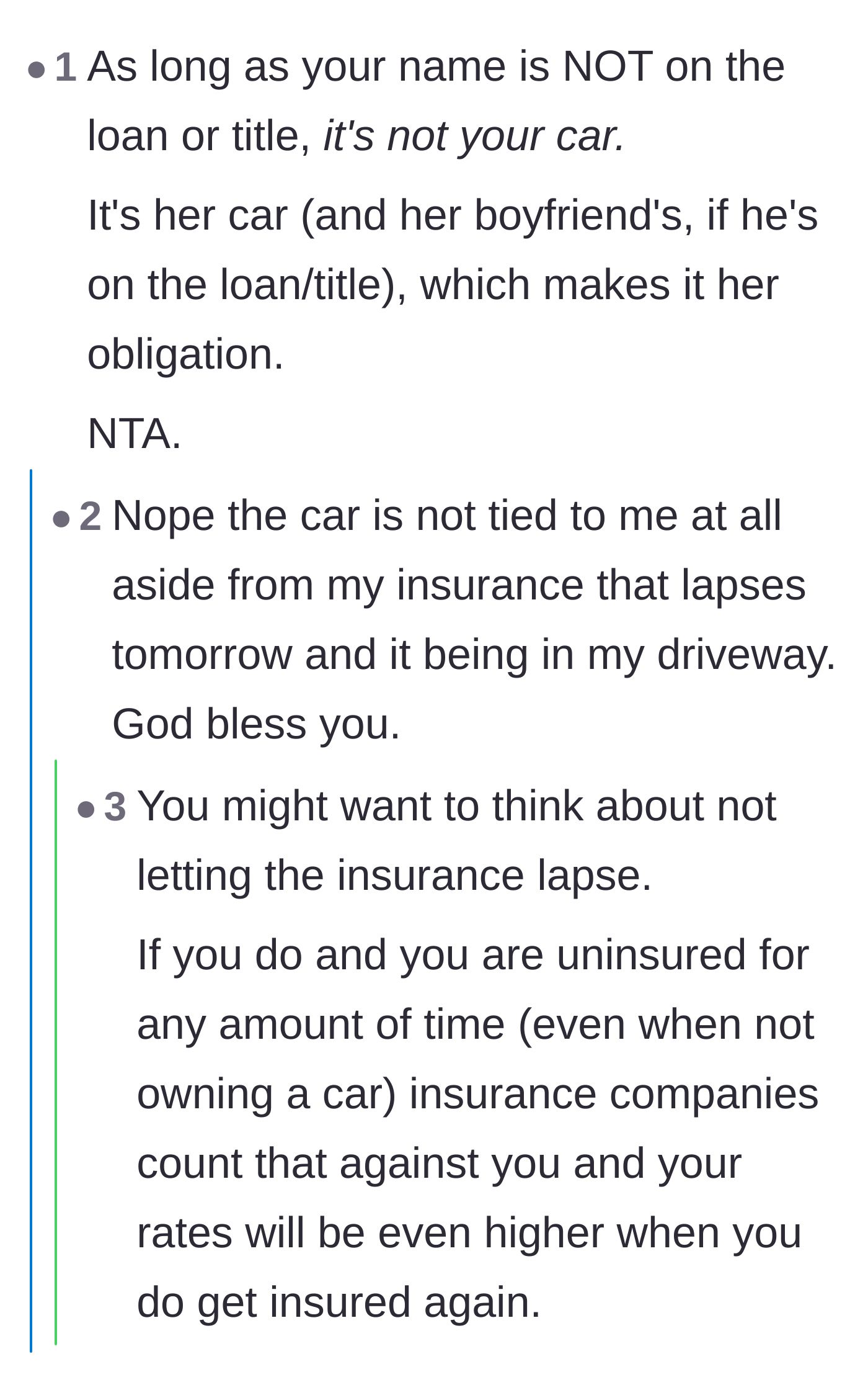 Comment thread 1 - Readers advising the son to legally protect himself and park the car in his mother's driveway immediately.
