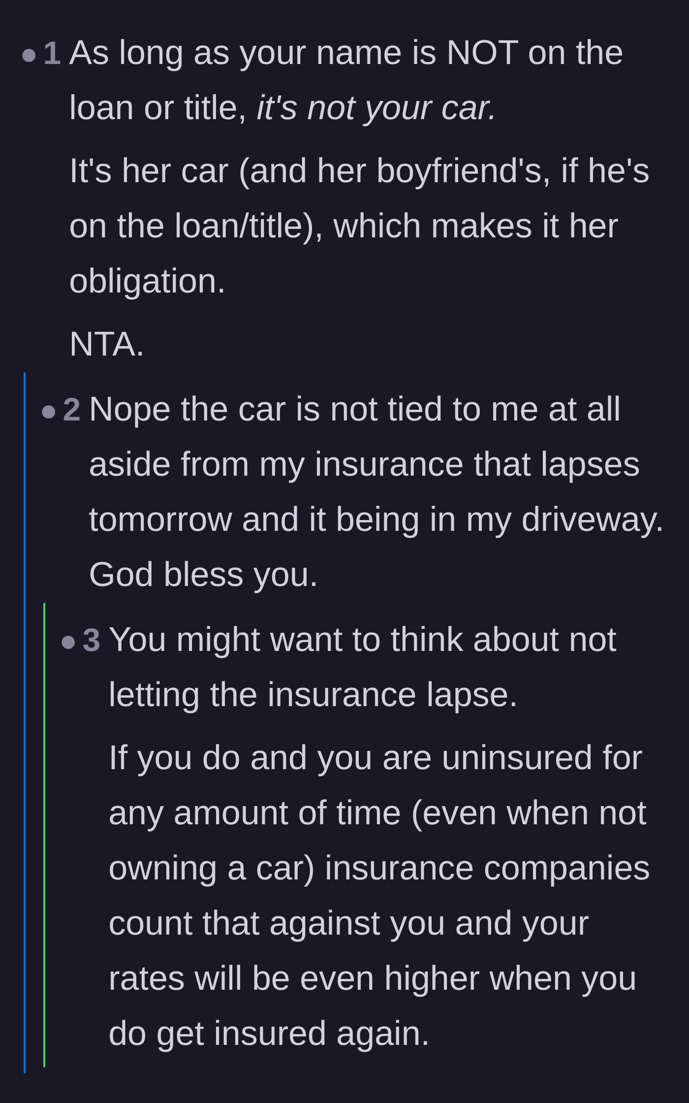 Comment thread 1 - Readers advising the son to legally protect himself and park the car in his mother's driveway immediately.