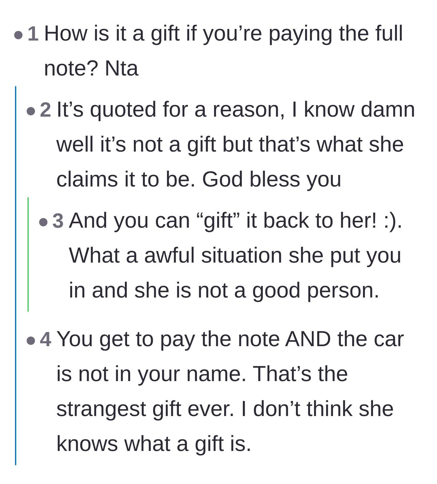 Comment thread 2 - A discussion breaking down how the mother uses the car as a fake gift to look like a hero to others.