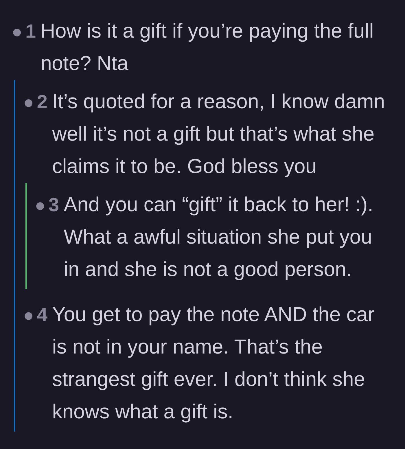 Comment thread 2 - A discussion breaking down how the mother uses the car as a fake gift to look like a hero to others.