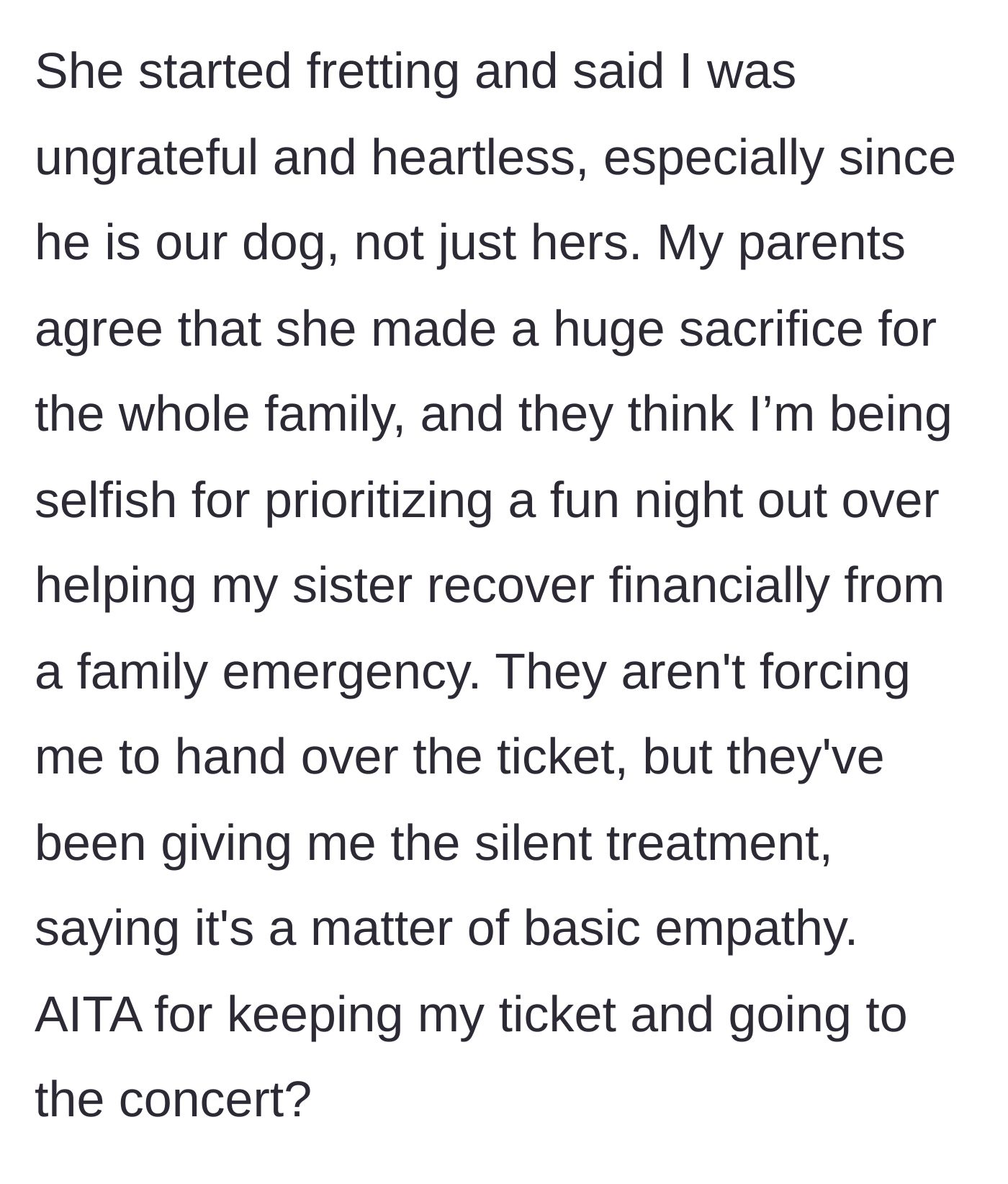 Story part 5 - Parents side with the sister, calling the teen selfish and giving her the silent treatment.