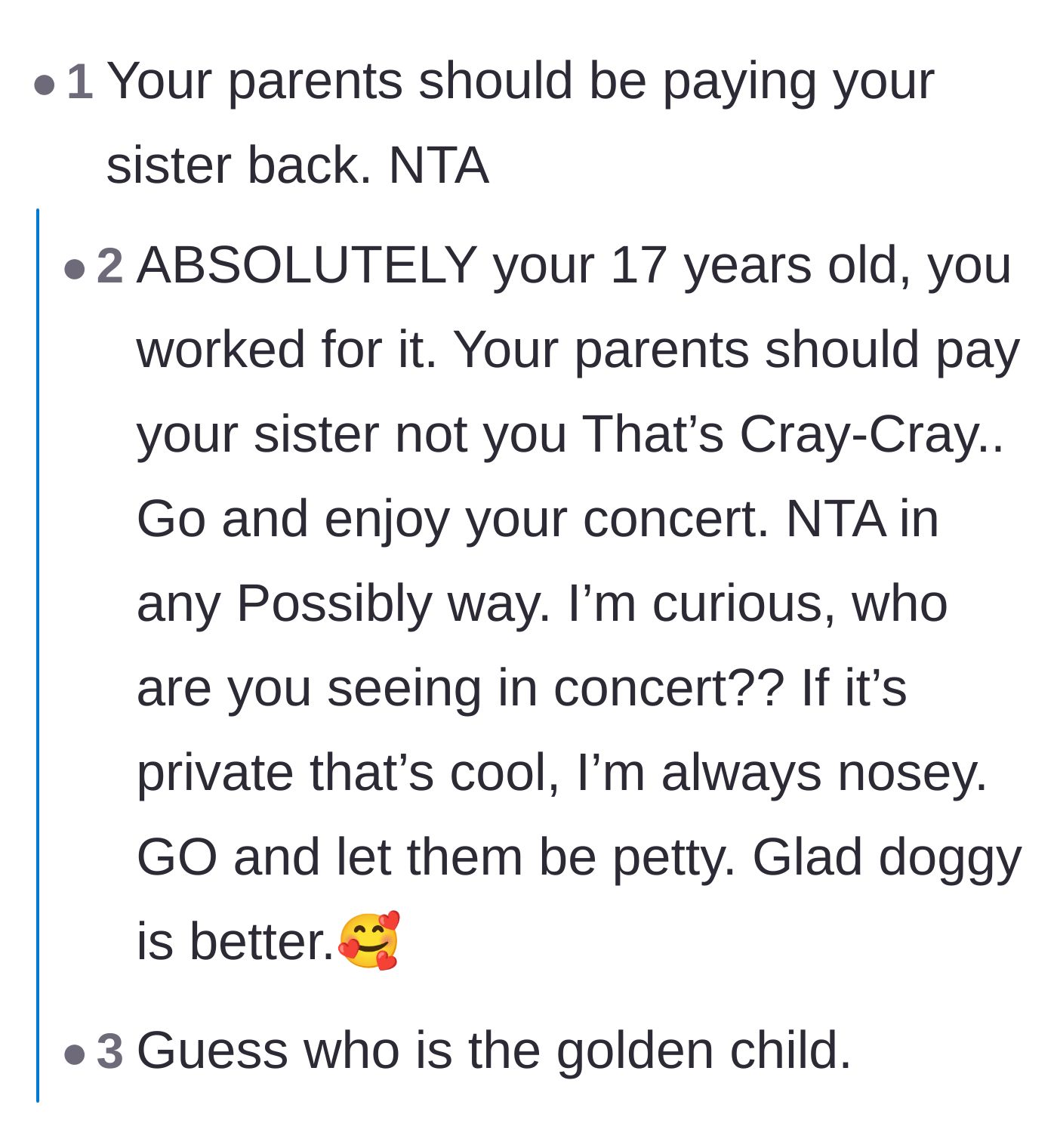 Comment thread 1 - Commenters pointing out that the parents owe the sister, and speculating about golden child dynamics.