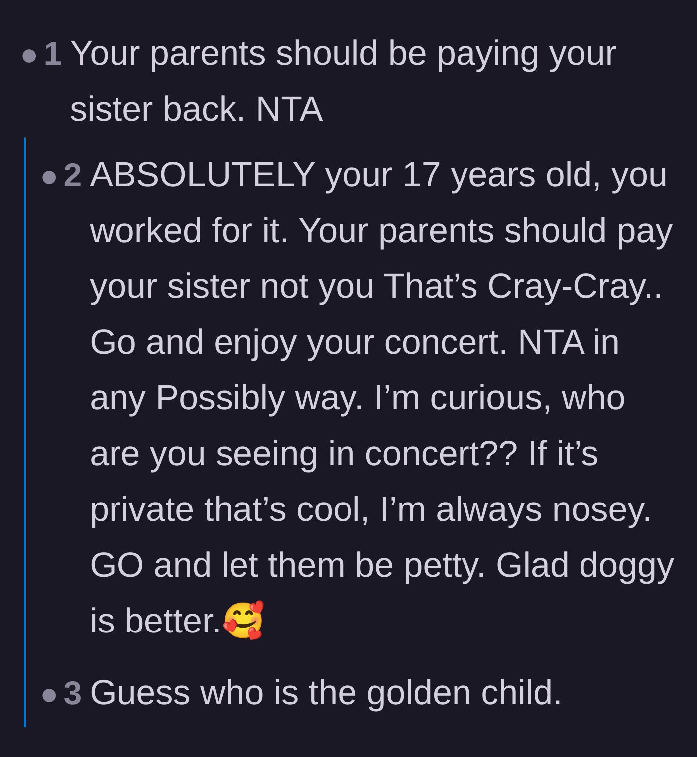 Comment thread 1 - Commenters pointing out that the parents owe the sister, and speculating about golden child dynamics.
